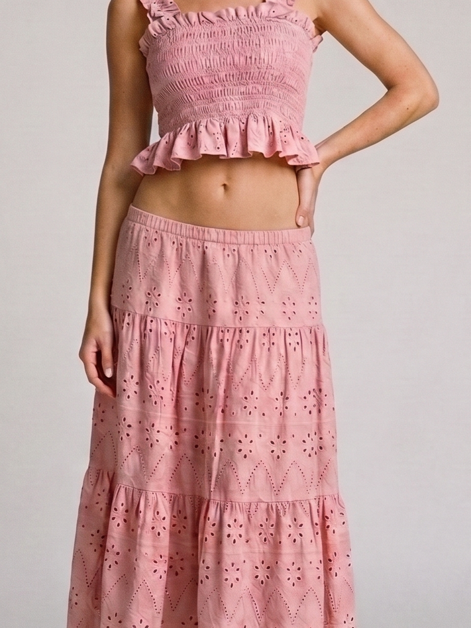 Sorrento Smocked Crop Top and Hollow-Out Skirt Set, fabric detail close-up