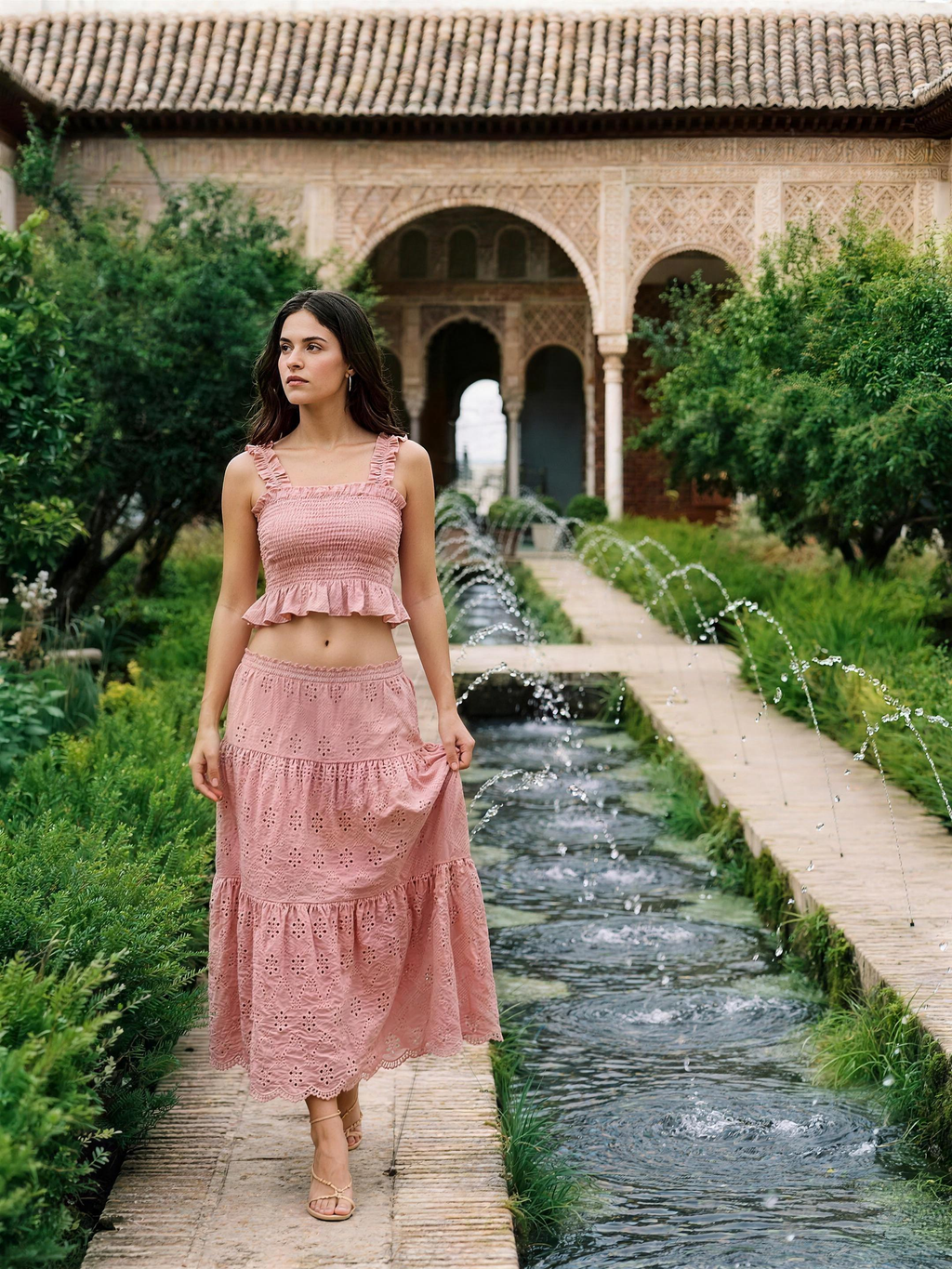 Sorrento Smocked Crop Top and Hollow-Out Skirt Set, styled lifestyle look