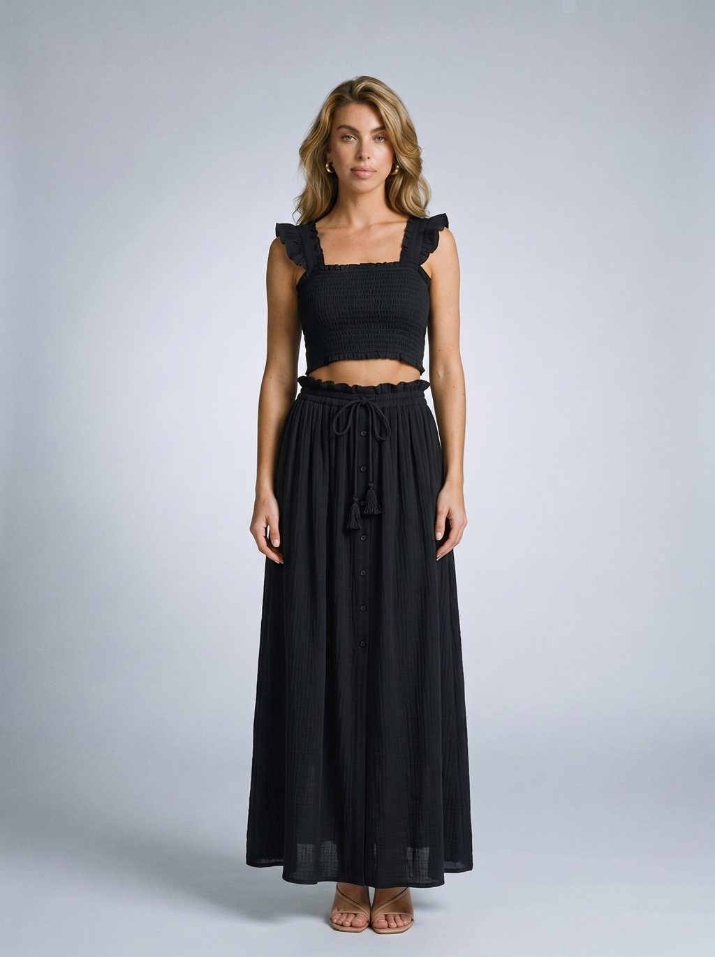 Rapallo SO ME Smocked Top and Flowy Maxi Skirt Set, front view on model