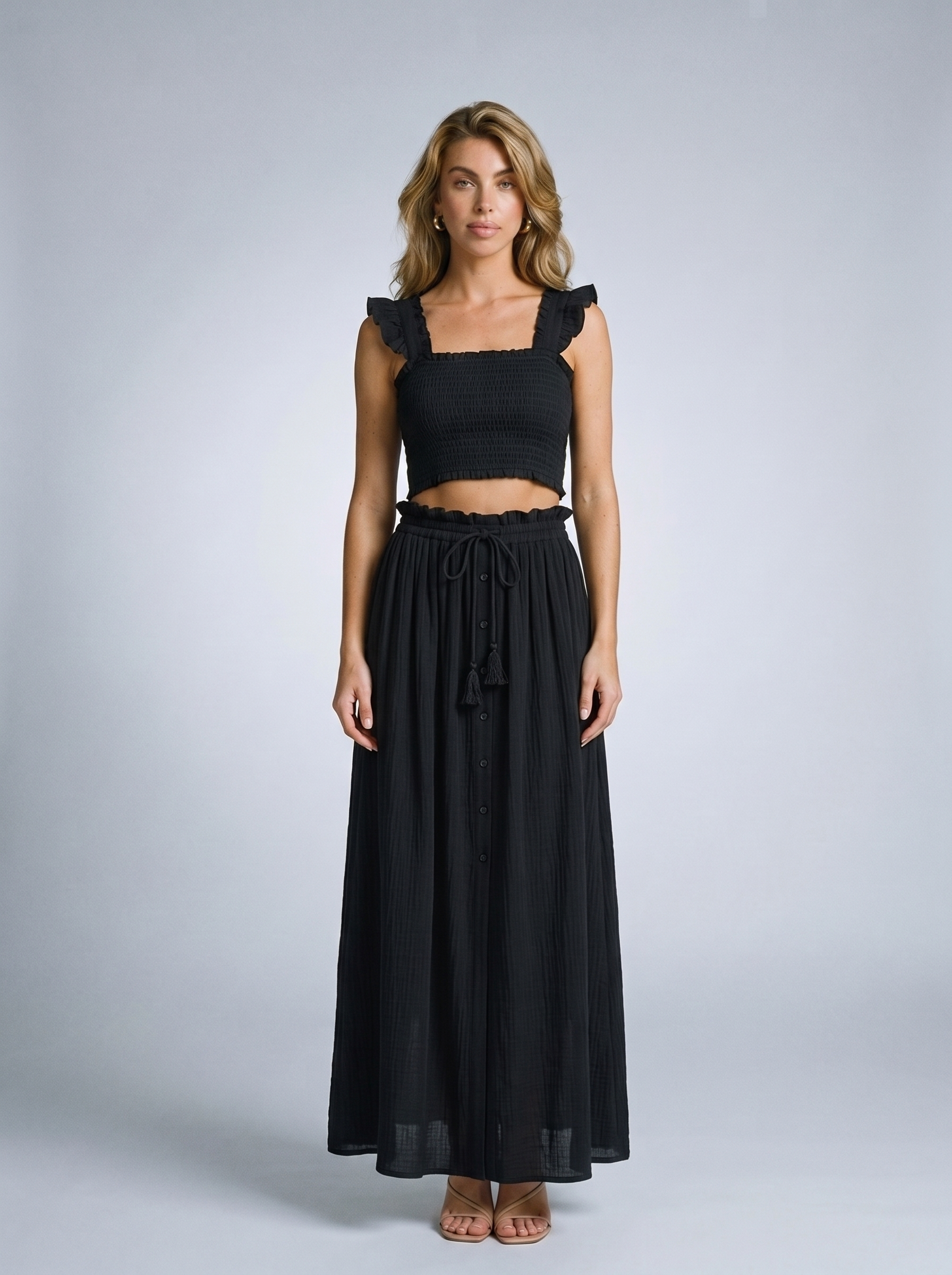 Rapallo SO ME Smocked Top and Flowy Maxi Skirt Set, front view on model