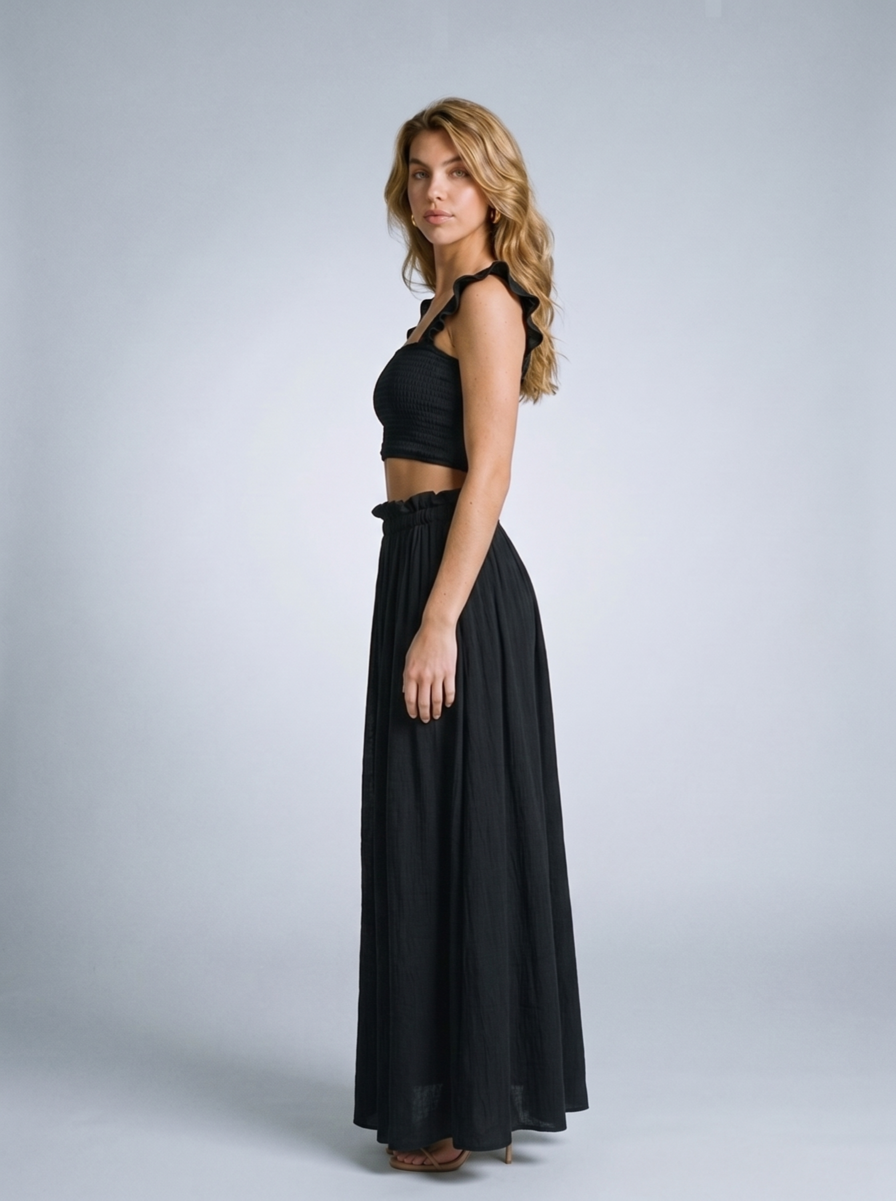 Rapallo SO ME Smocked Top and Flowy Maxi Skirt Set, side view on model