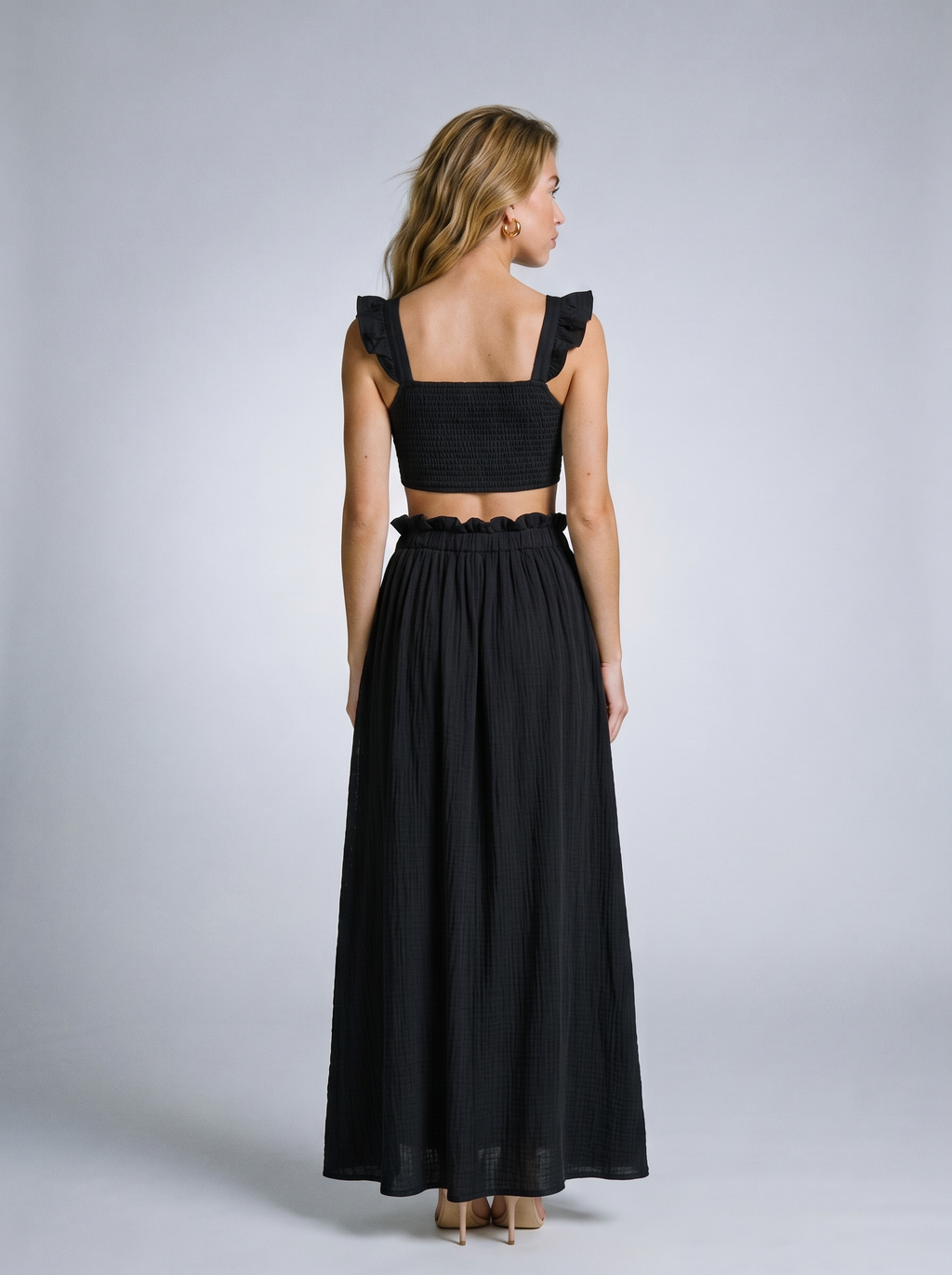 Rapallo SO ME Smocked Top and Flowy Maxi Skirt Set, back view on model