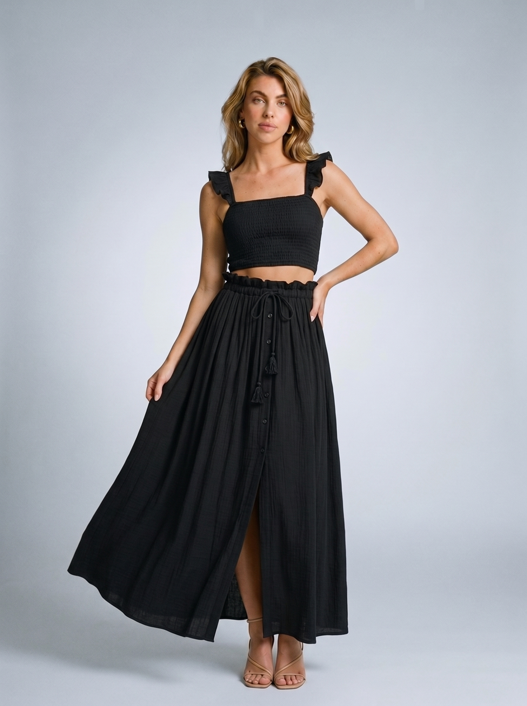 Rapallo SO ME Smocked Top and Flowy Maxi Skirt Set, front view on model
