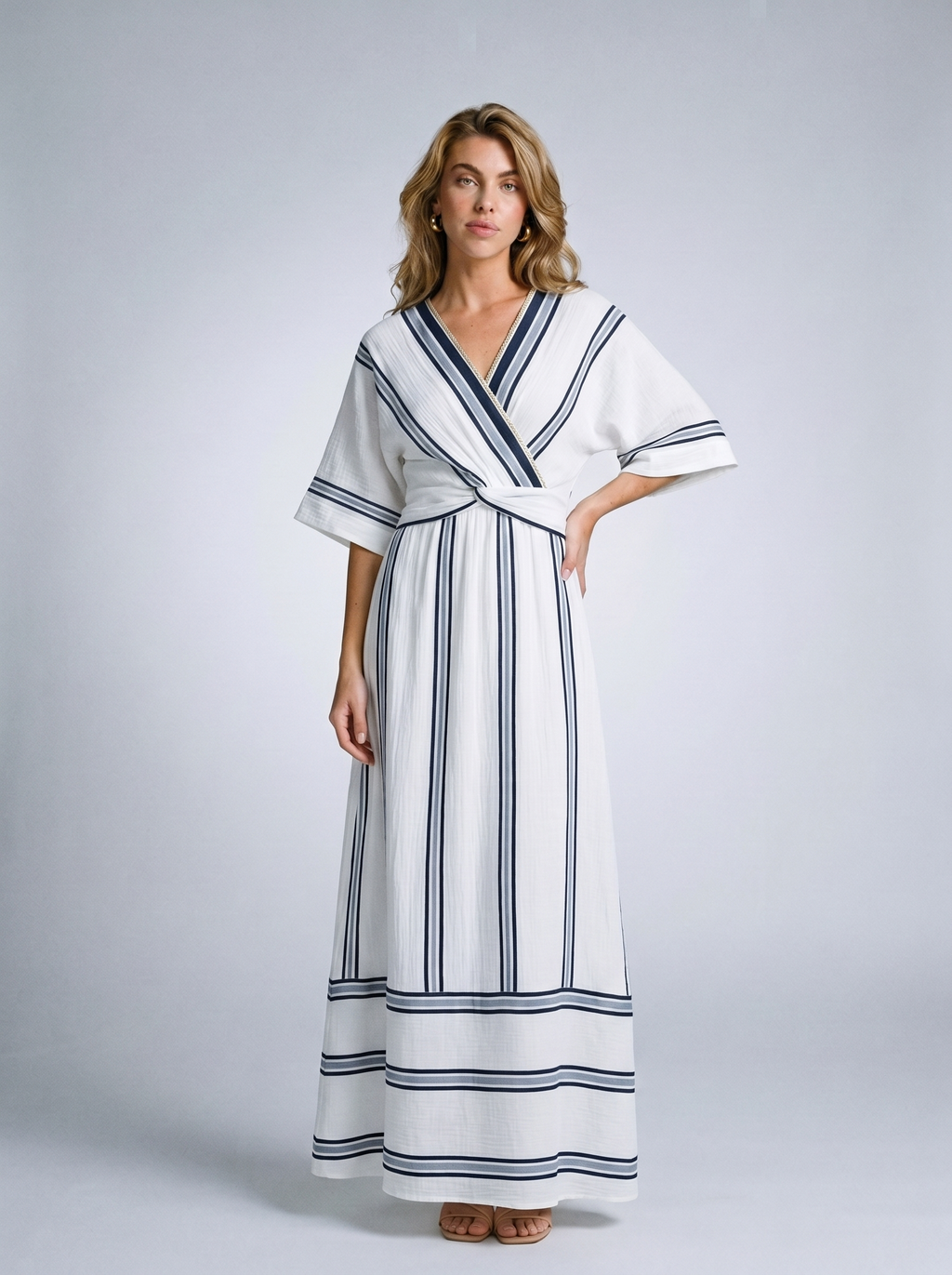 Ischia Striped Wrap Half Sleeve Maxi Dress, front view on model