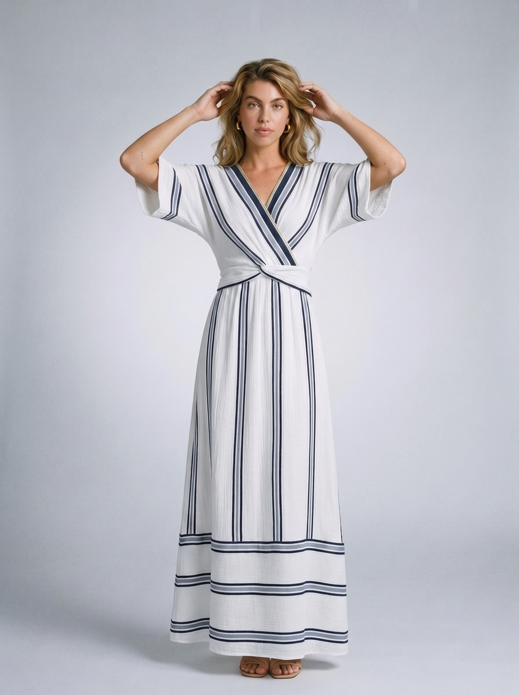 Ischia Striped Wrap Half Sleeve Maxi Dress, front view on model