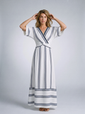 Ischia Striped Wrap Half Sleeve Maxi Dress, front view on model