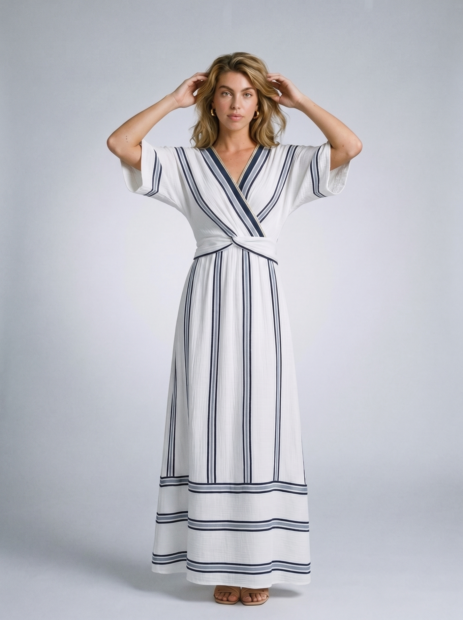 Ischia Striped Wrap Half Sleeve Maxi Dress, front view on model
