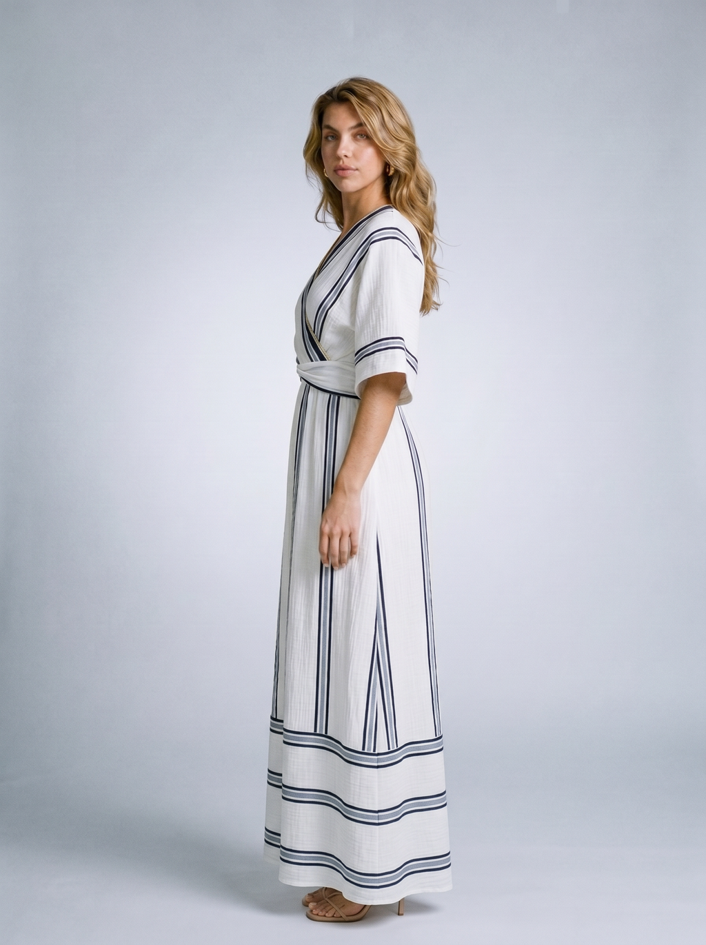 Ischia Striped Wrap Half Sleeve Maxi Dress, side view on model