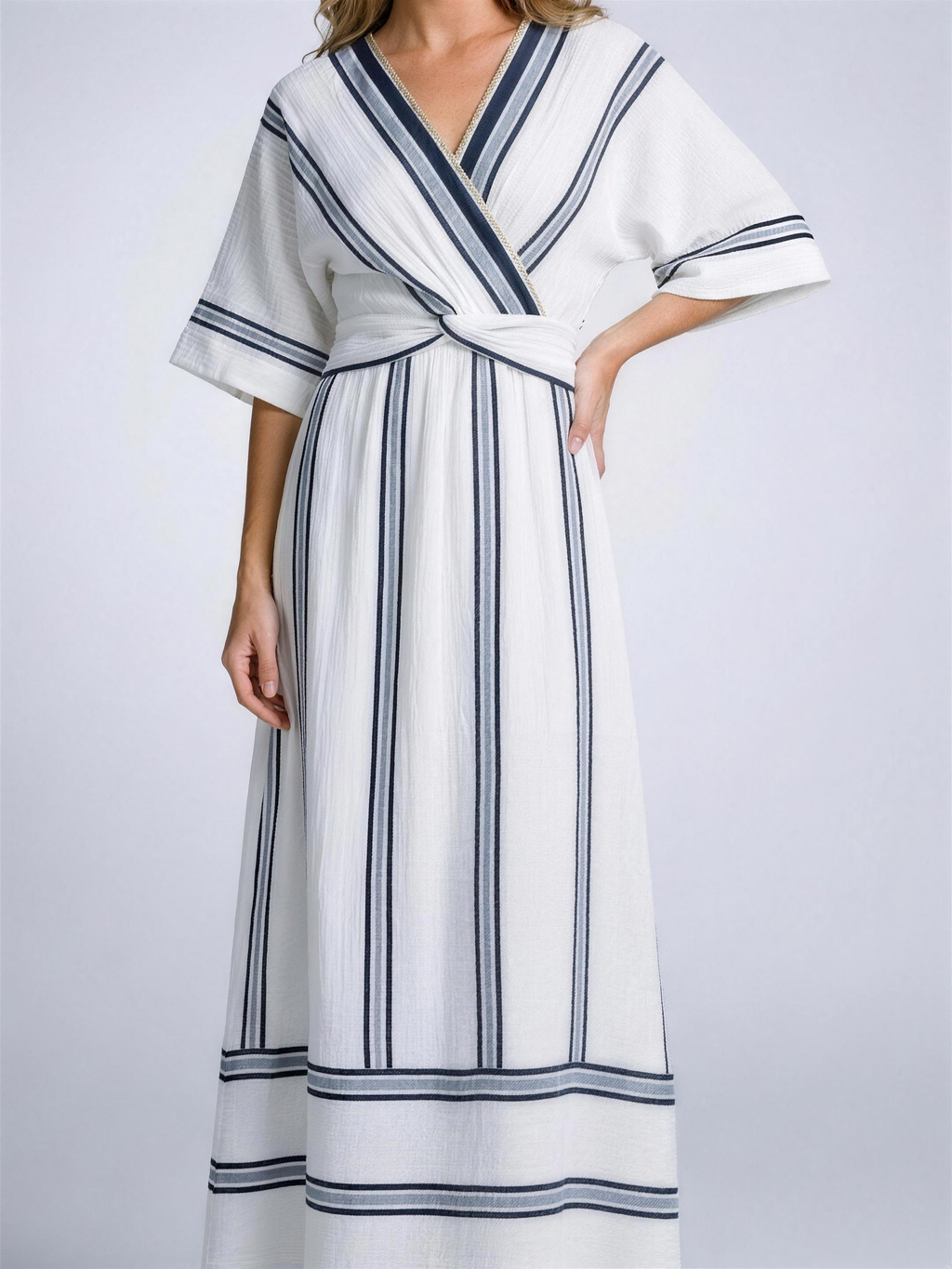 Ischia Striped Wrap Half Sleeve Maxi Dress, fabric detail close-up