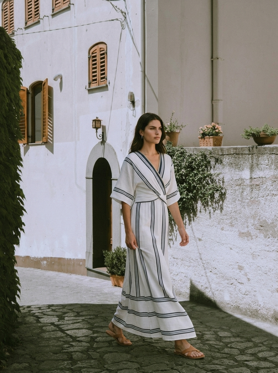 Ischia Striped Wrap Half Sleeve Maxi Dress, styled lifestyle look