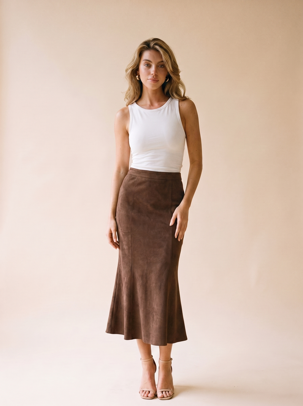 Minori Suede Midi Skirt, front view on model
