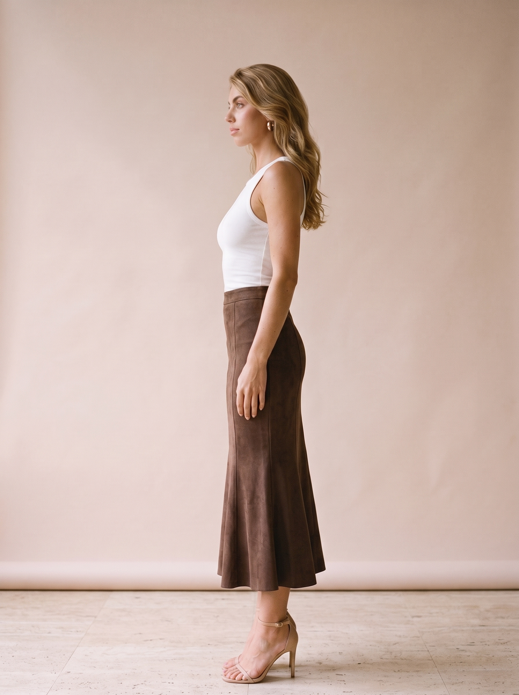 Minori Suede Midi Skirt, side view on model