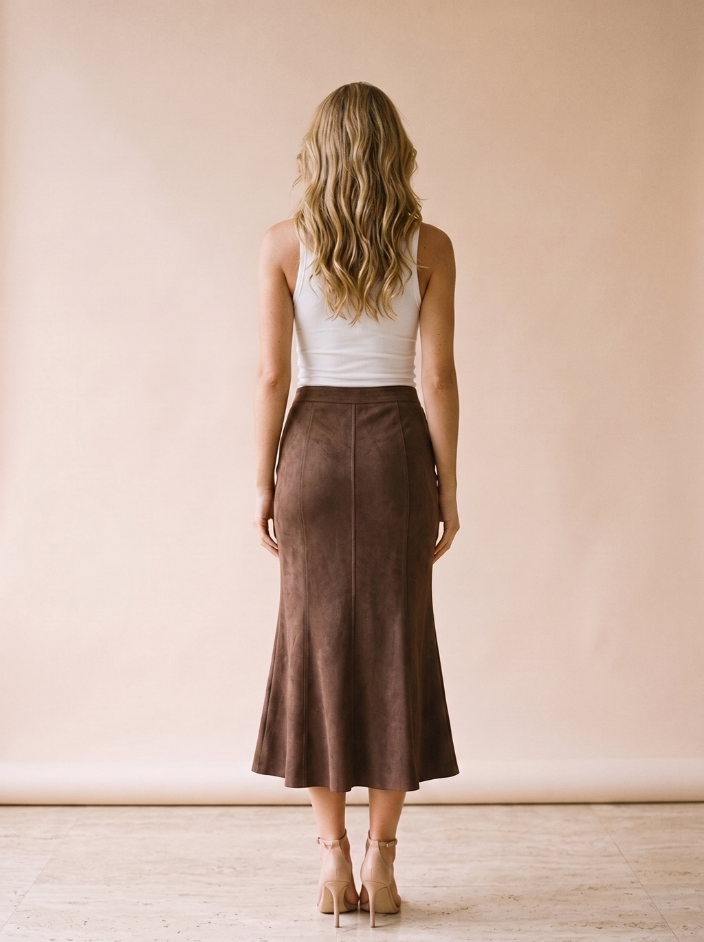 Minori Suede Midi Skirt, back view on model