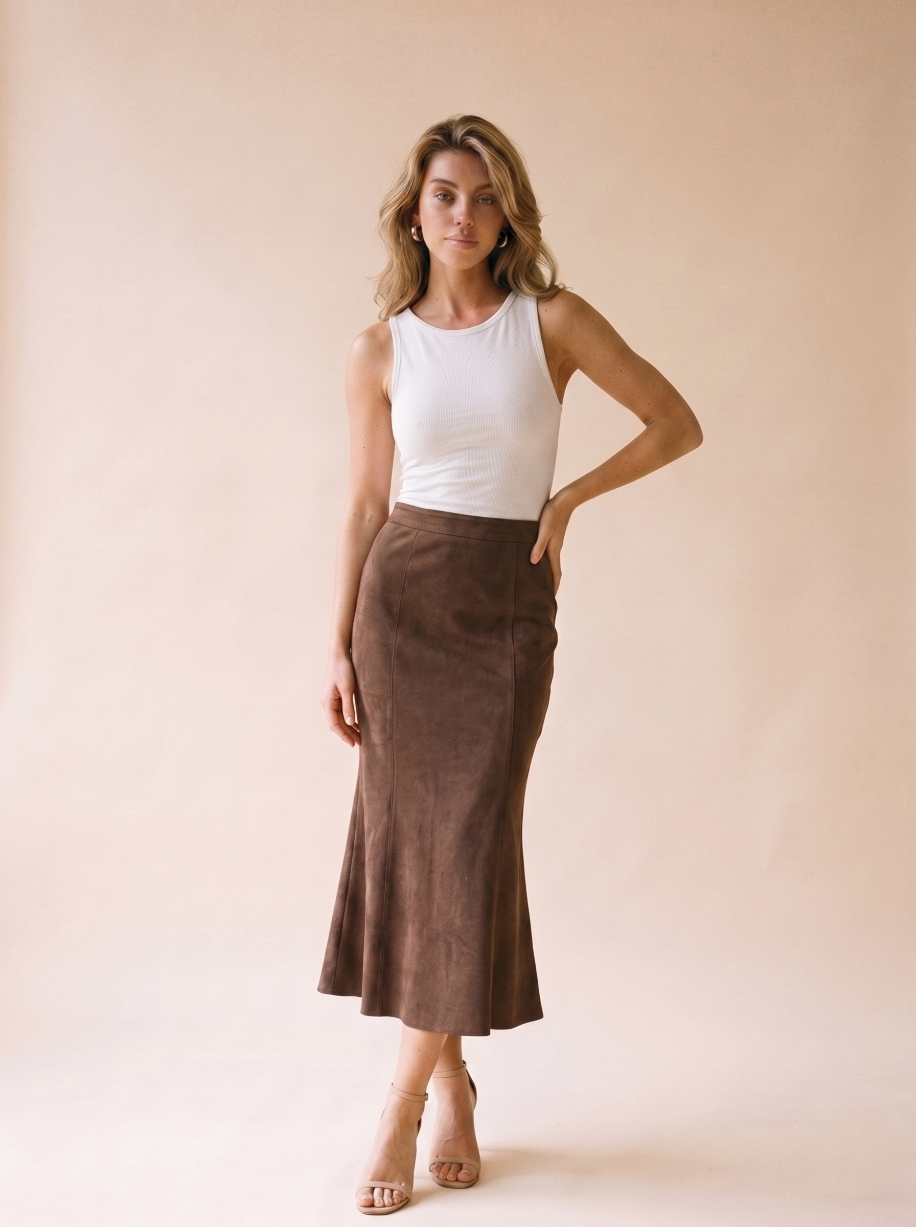 Minori Suede Midi Skirt, front view on model