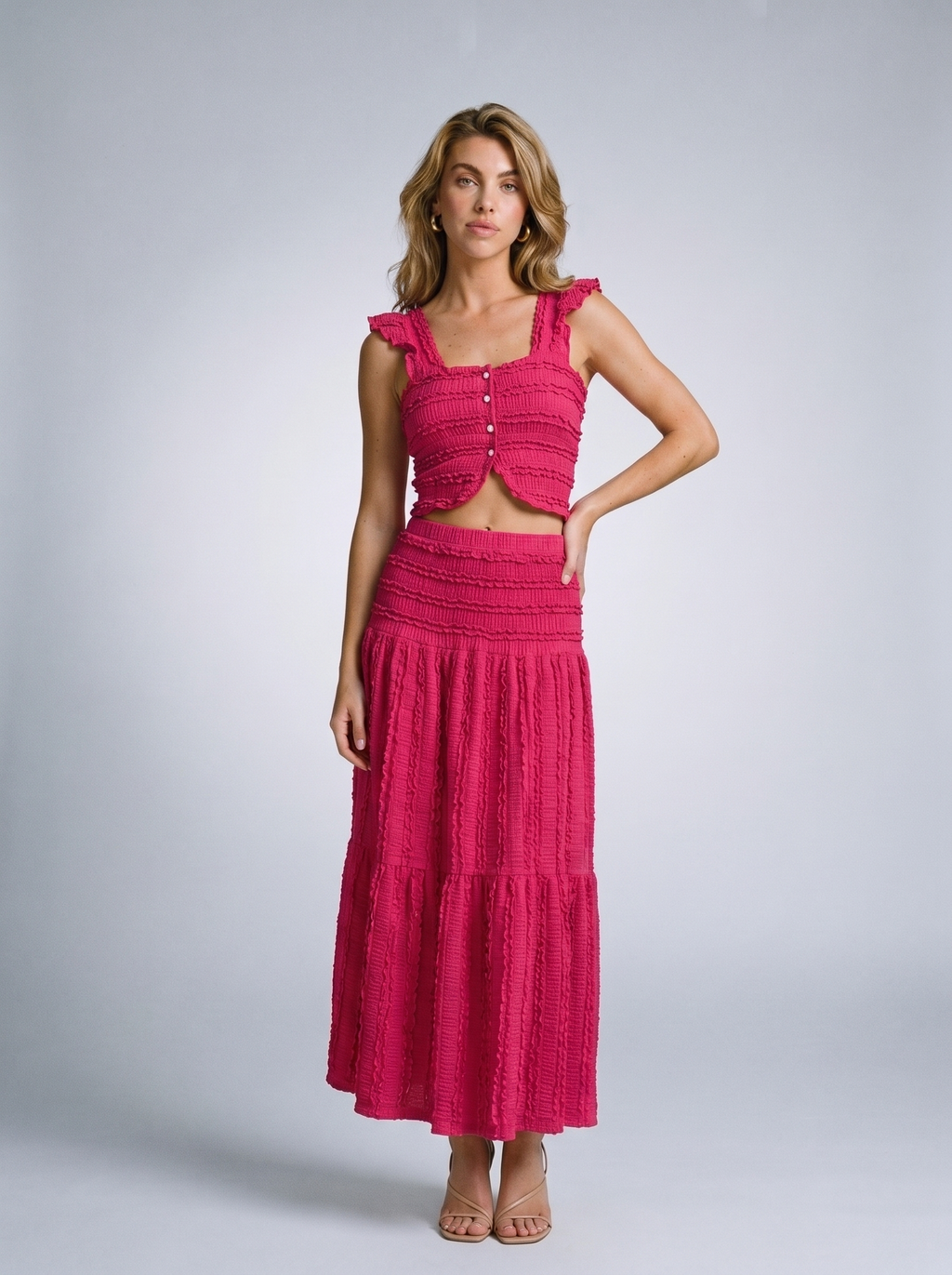 Taormina Textured Crop Top and Tiered Skirt Set, front view on model