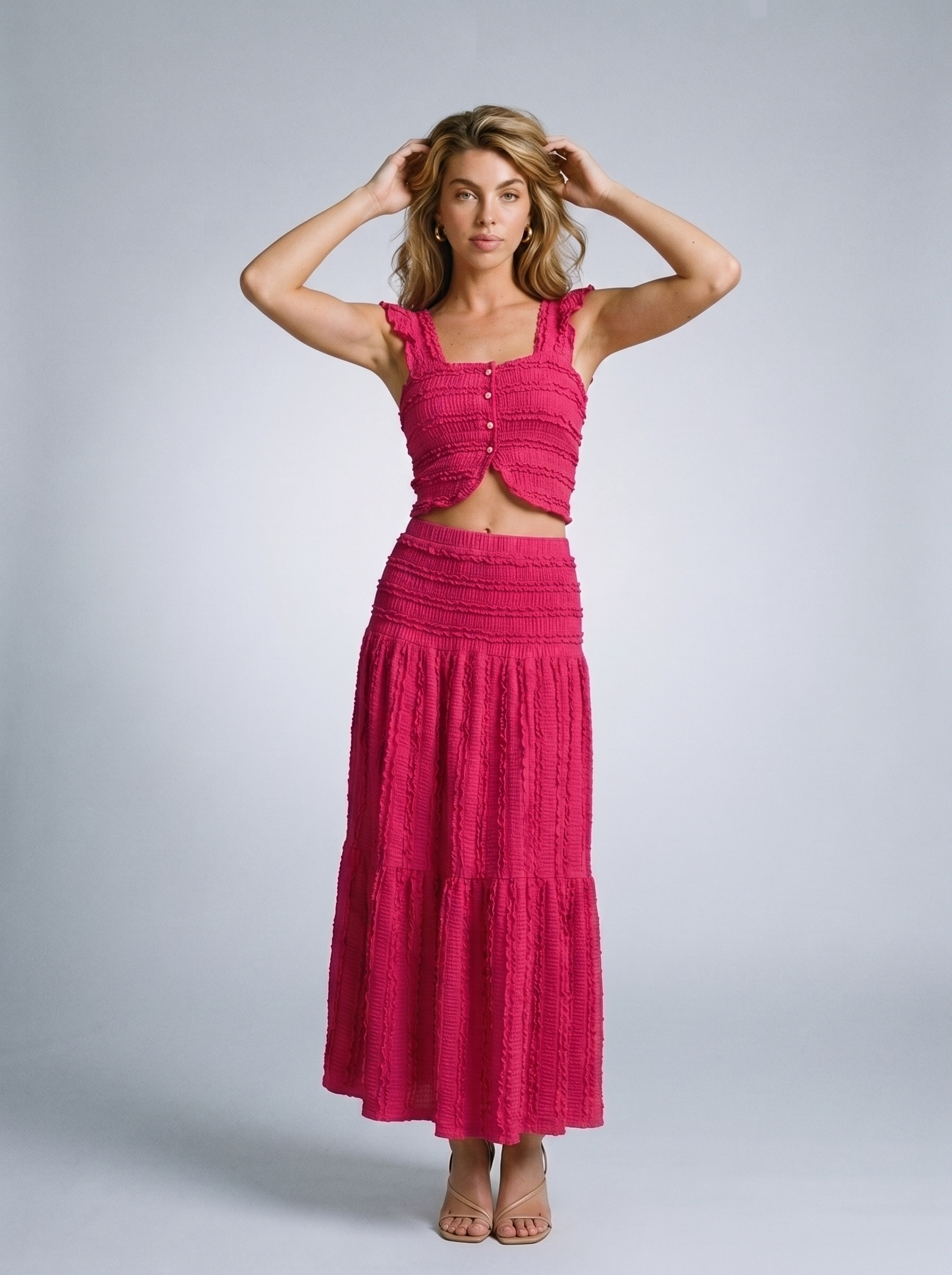 Taormina Textured Crop Top and Tiered Skirt Set, front view on model