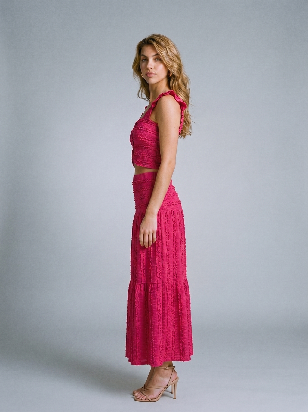 Taormina Textured Crop Top and Tiered Skirt Set, side view on model