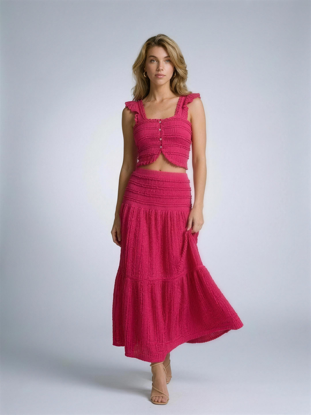 Taormina Textured Crop Top and Tiered Skirt Set, front view on model