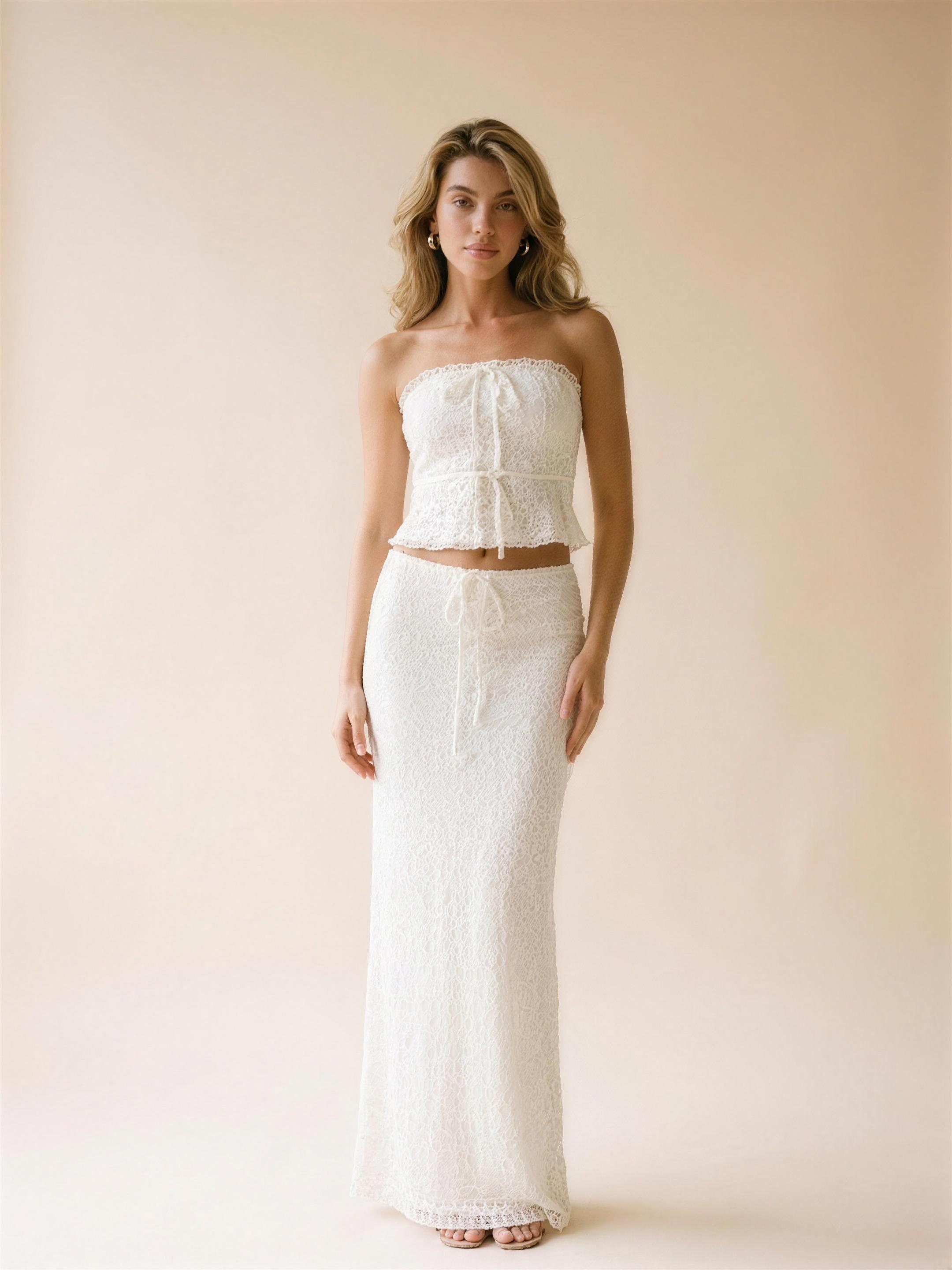 Camogli Tie Front Tube Top and Maxi Skirt Set, front view on model