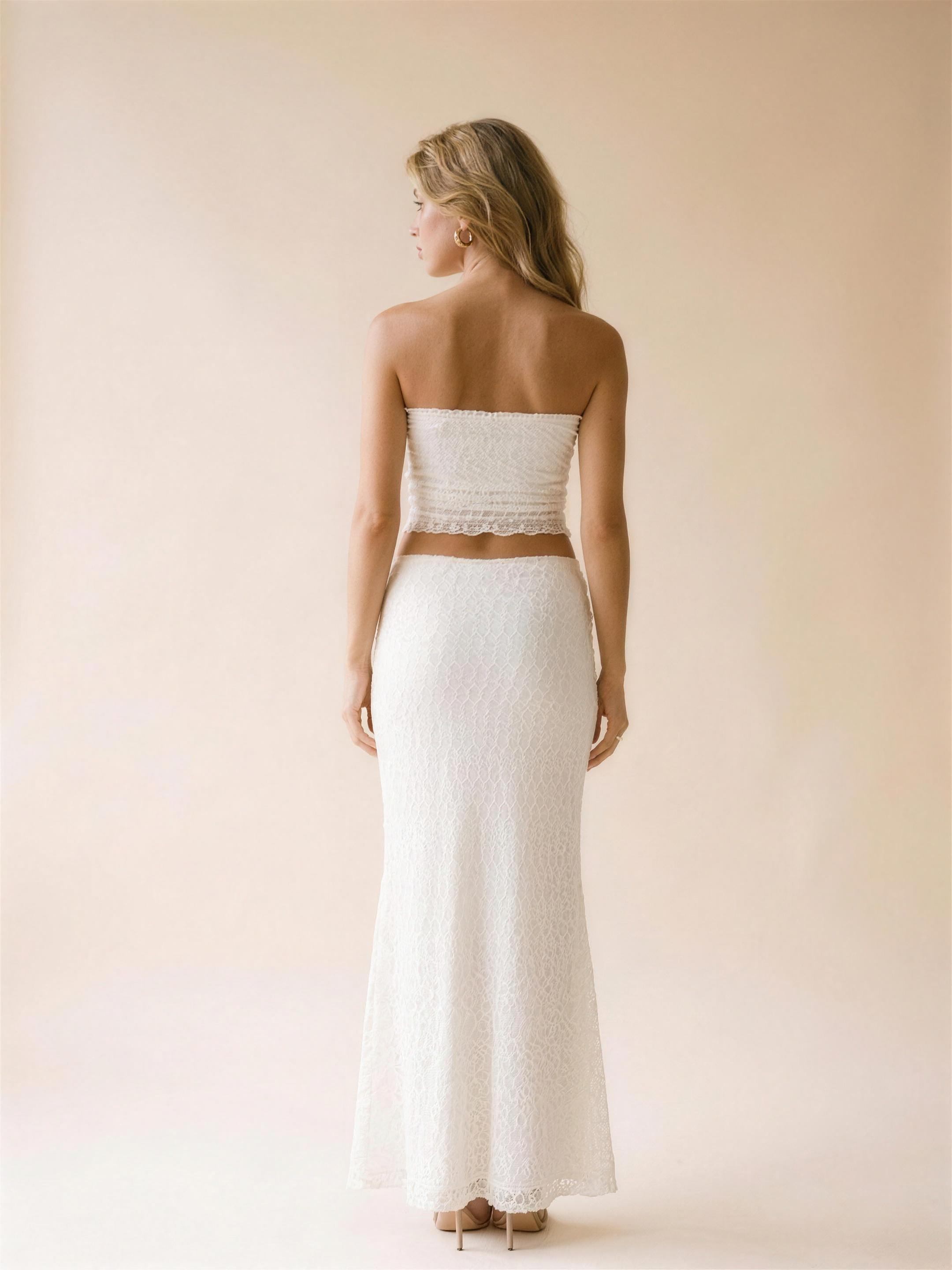 Camogli Tie Front Tube Top and Maxi Skirt Set, back view on model