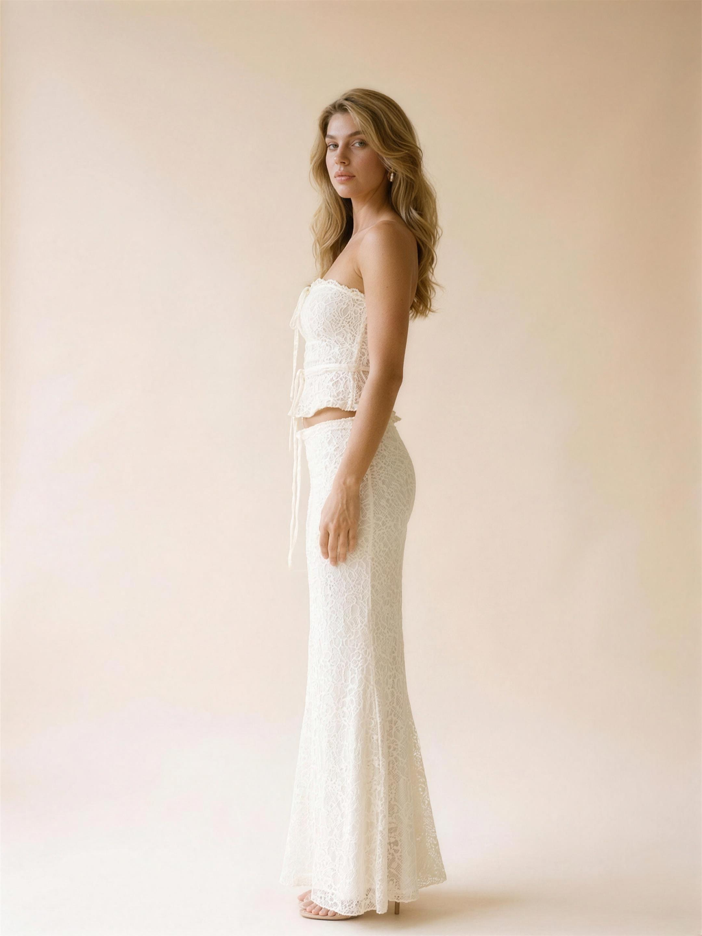 Camogli Tie Front Tube Top and Maxi Skirt Set, side view on model