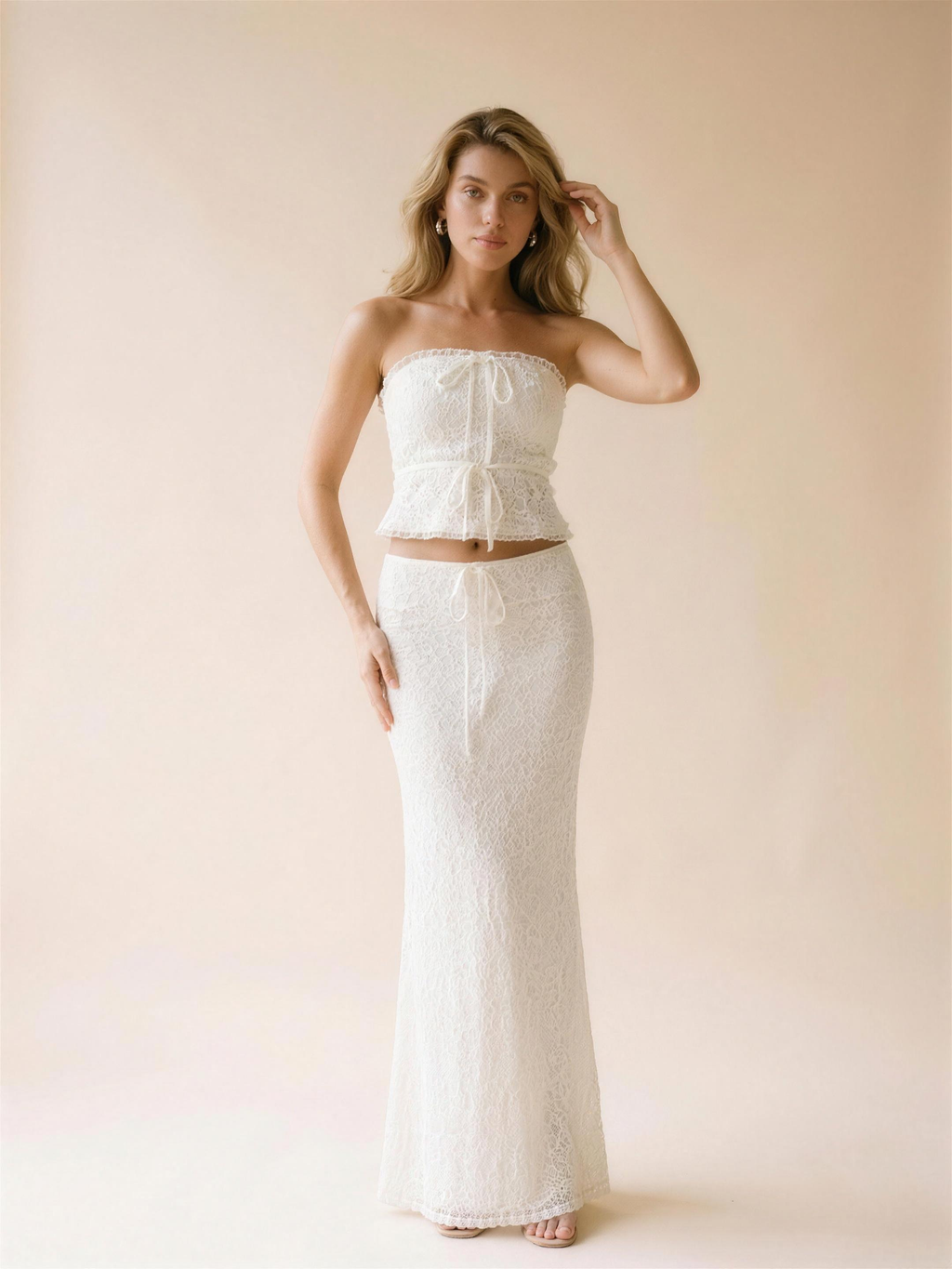 Camogli Tie Front Tube Top and Maxi Skirt Set, front view on model