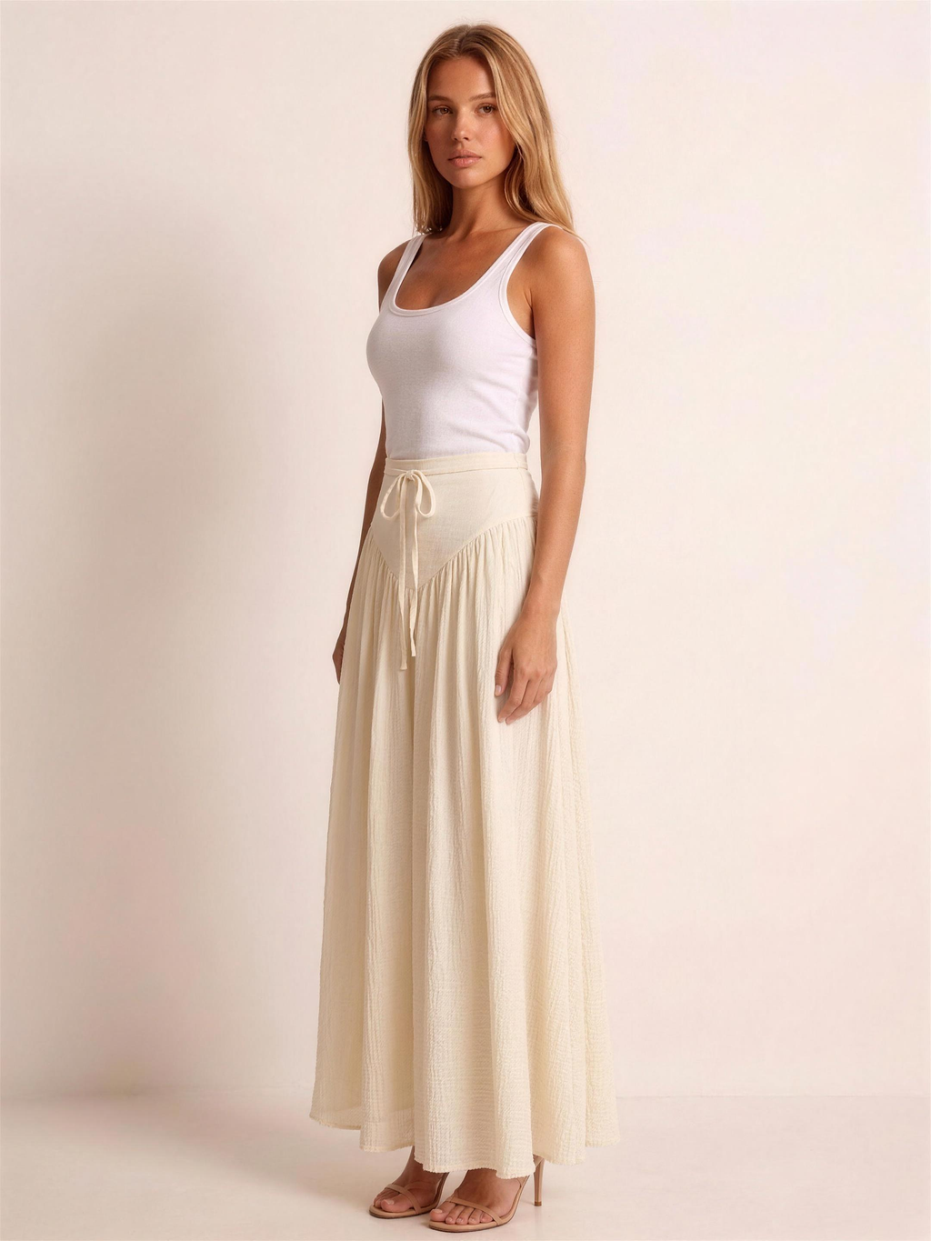 Positano — Tied Flowy Maxi Skirt, three-quarter view