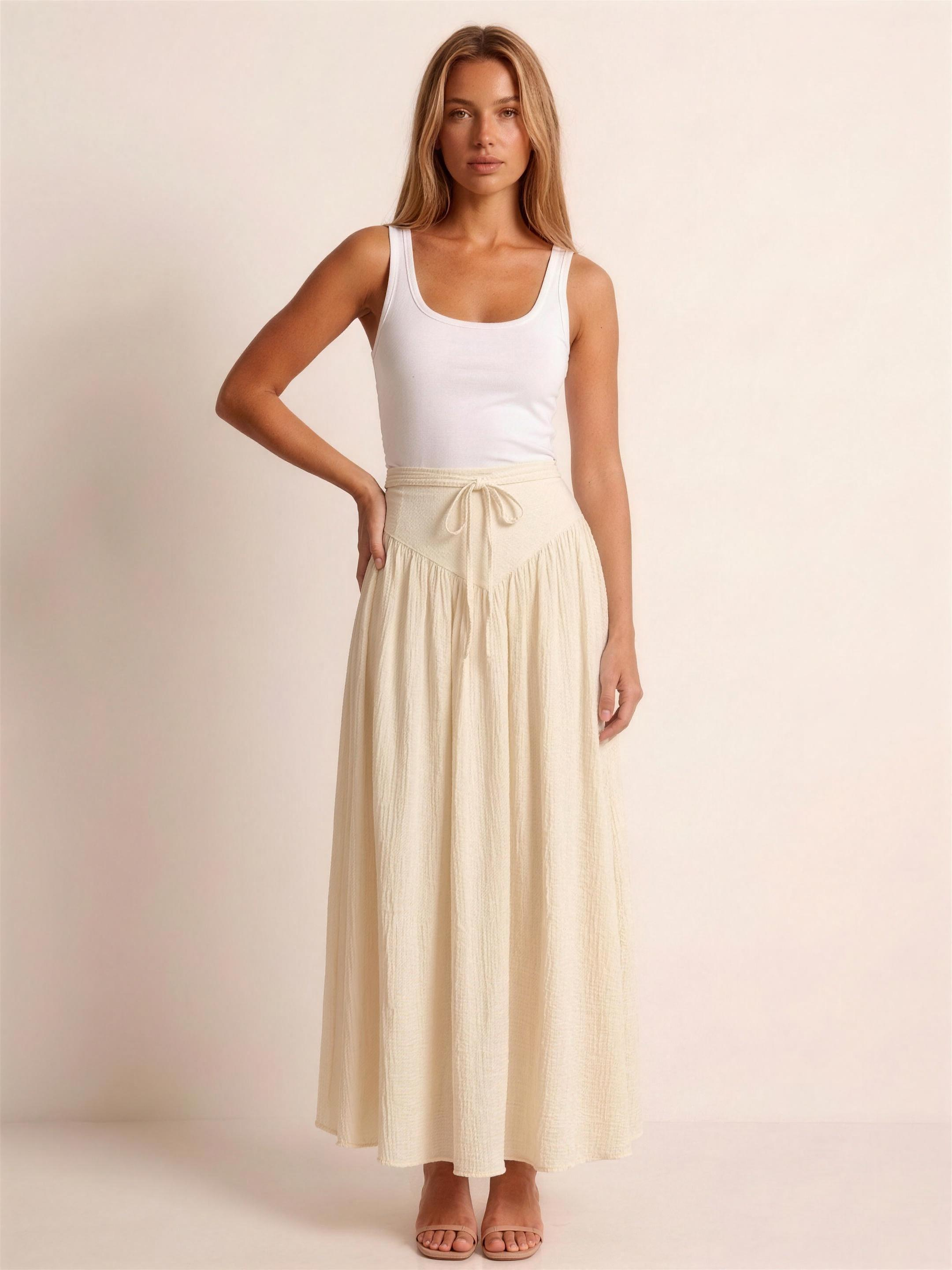Positano — Tied Flowy Maxi Skirt, front view, hand on hip