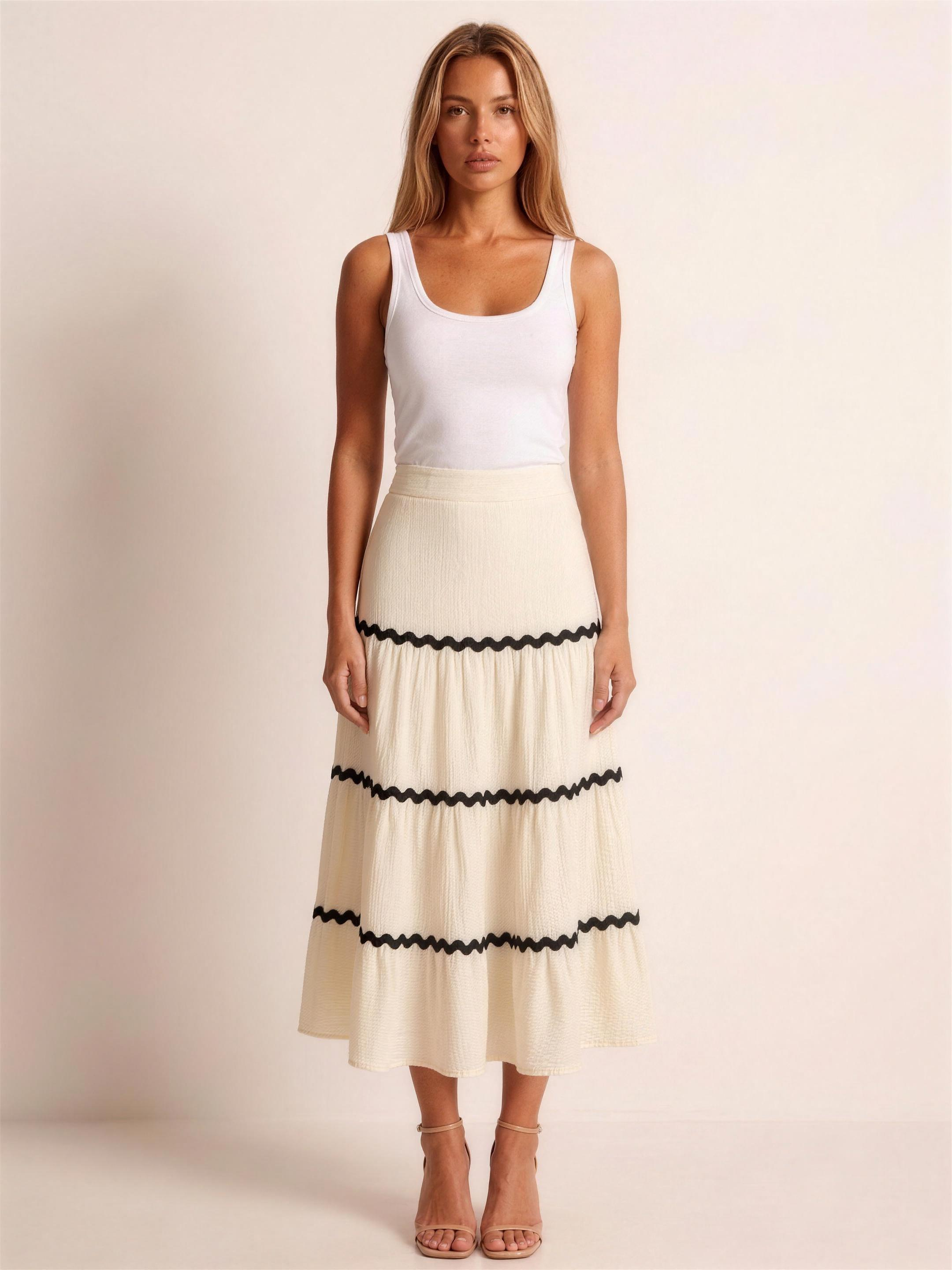 Maiori — Tiered Flowy Midi Skirt, front view