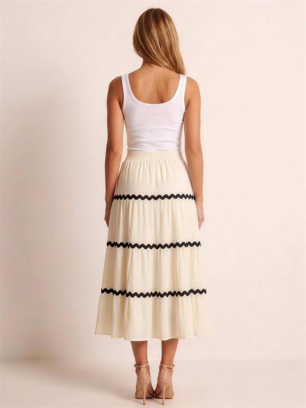 Maiori — Tiered Flowy Midi Skirt, back view