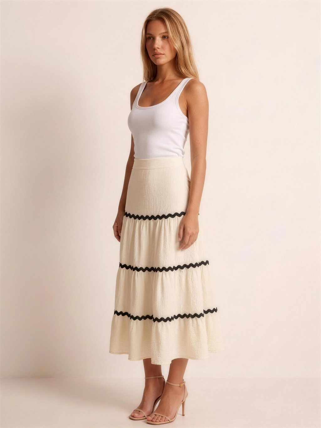 Maiori — Tiered Flowy Midi Skirt, three-quarter view