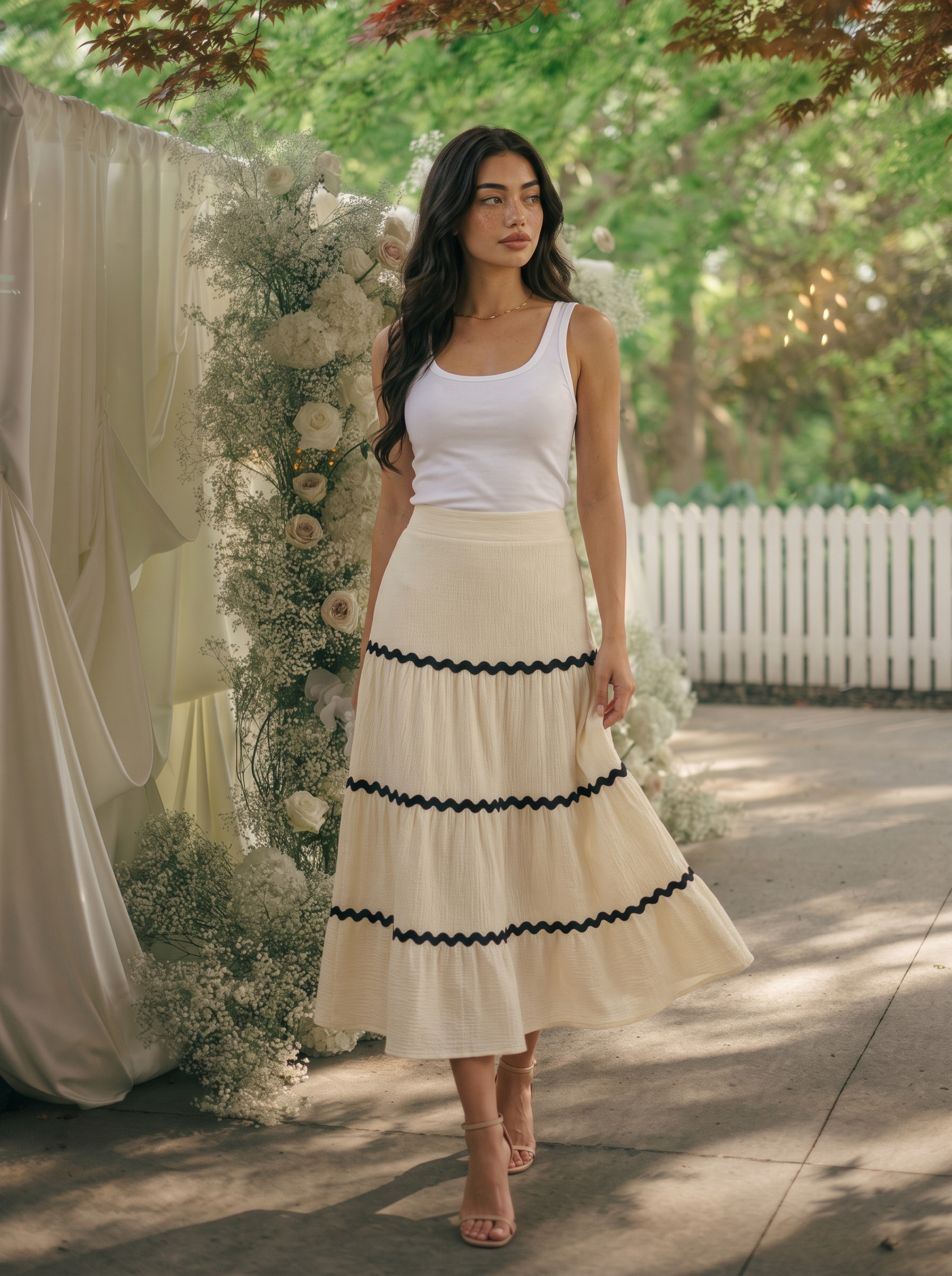 Maiori — Tiered Flowy Midi Skirt, lifestyle