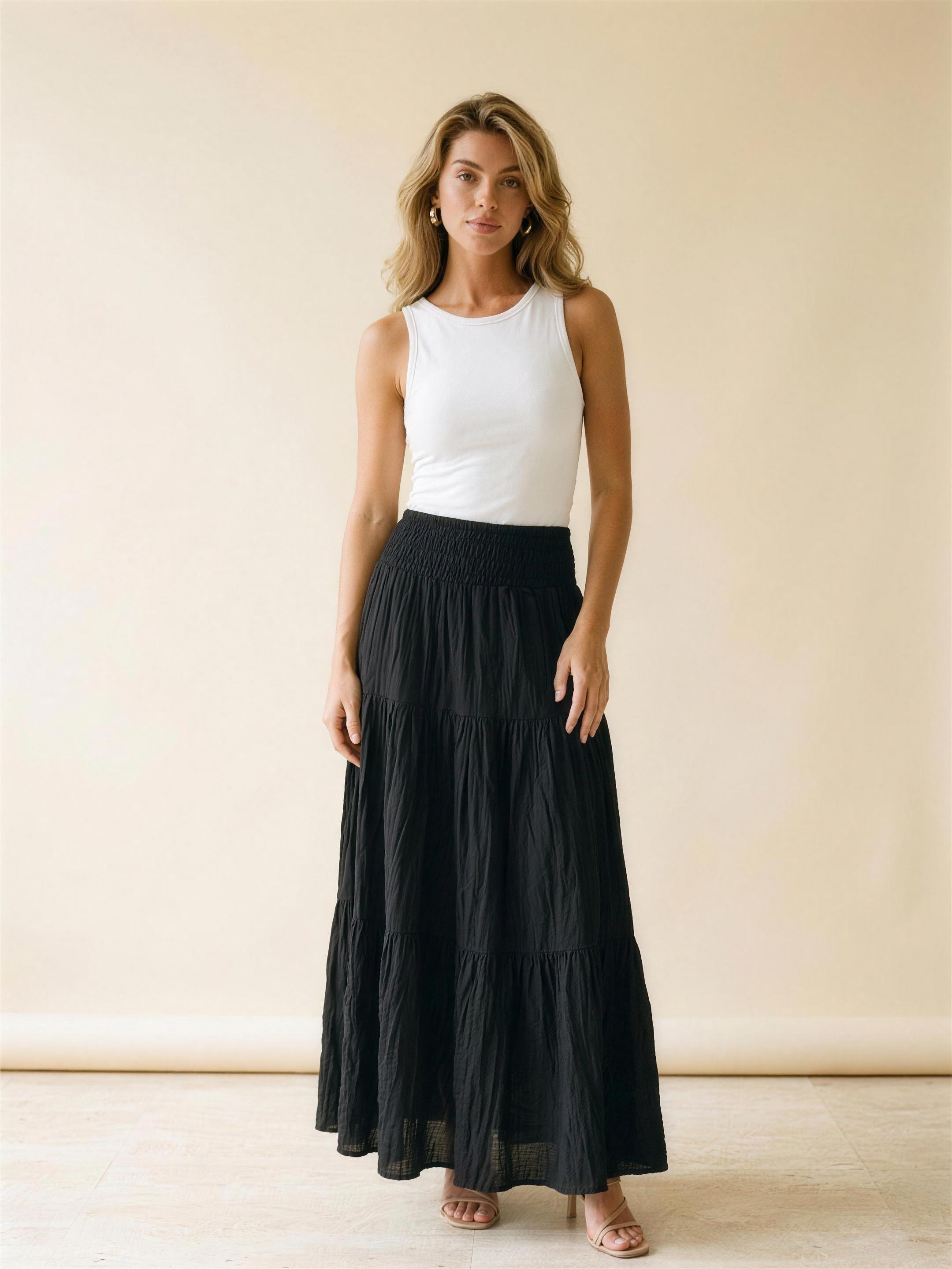 Amalfi Tiered Maxi Skirt, front view on model