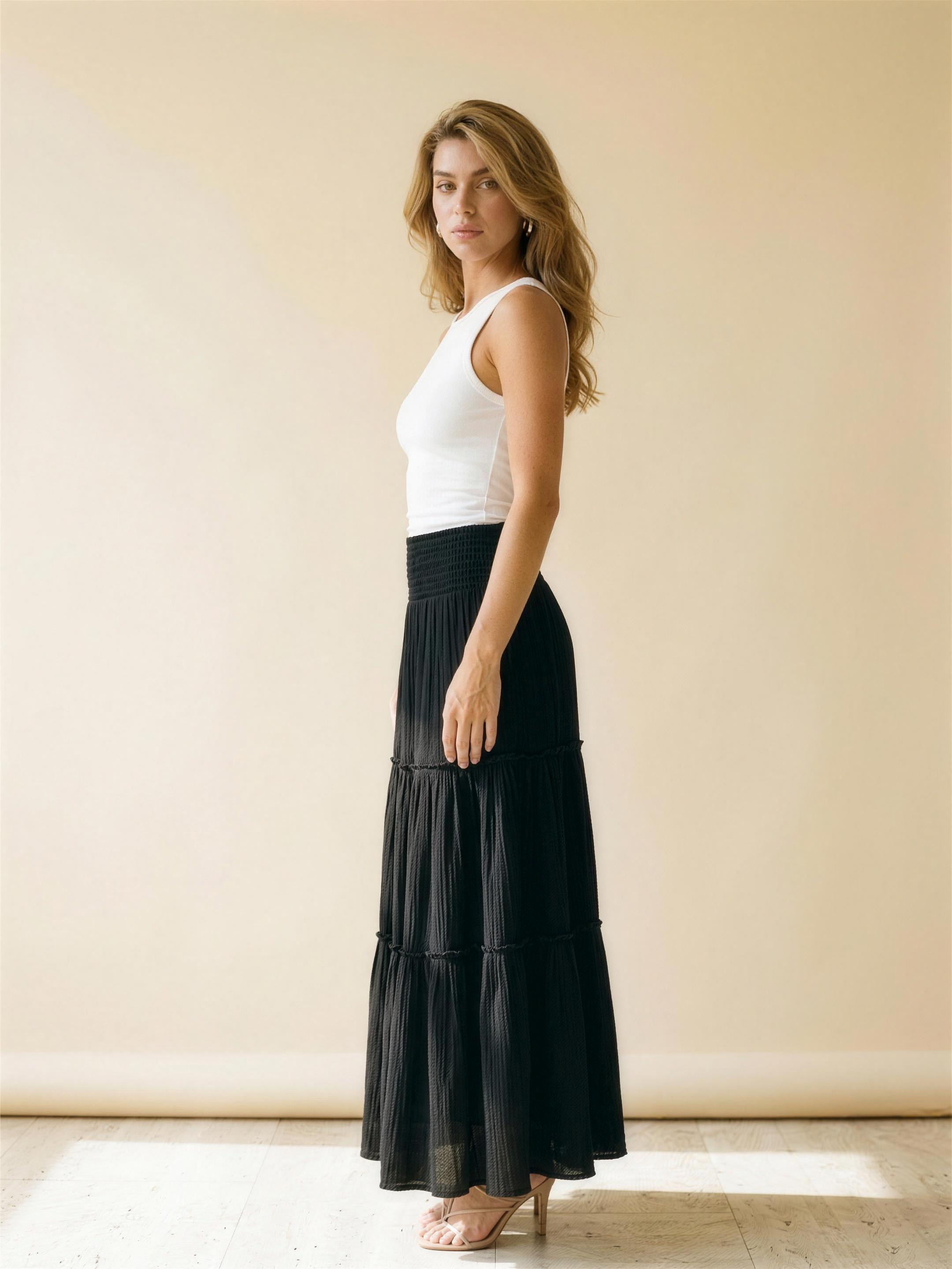 Amalfi Tiered Maxi Skirt, side view on model