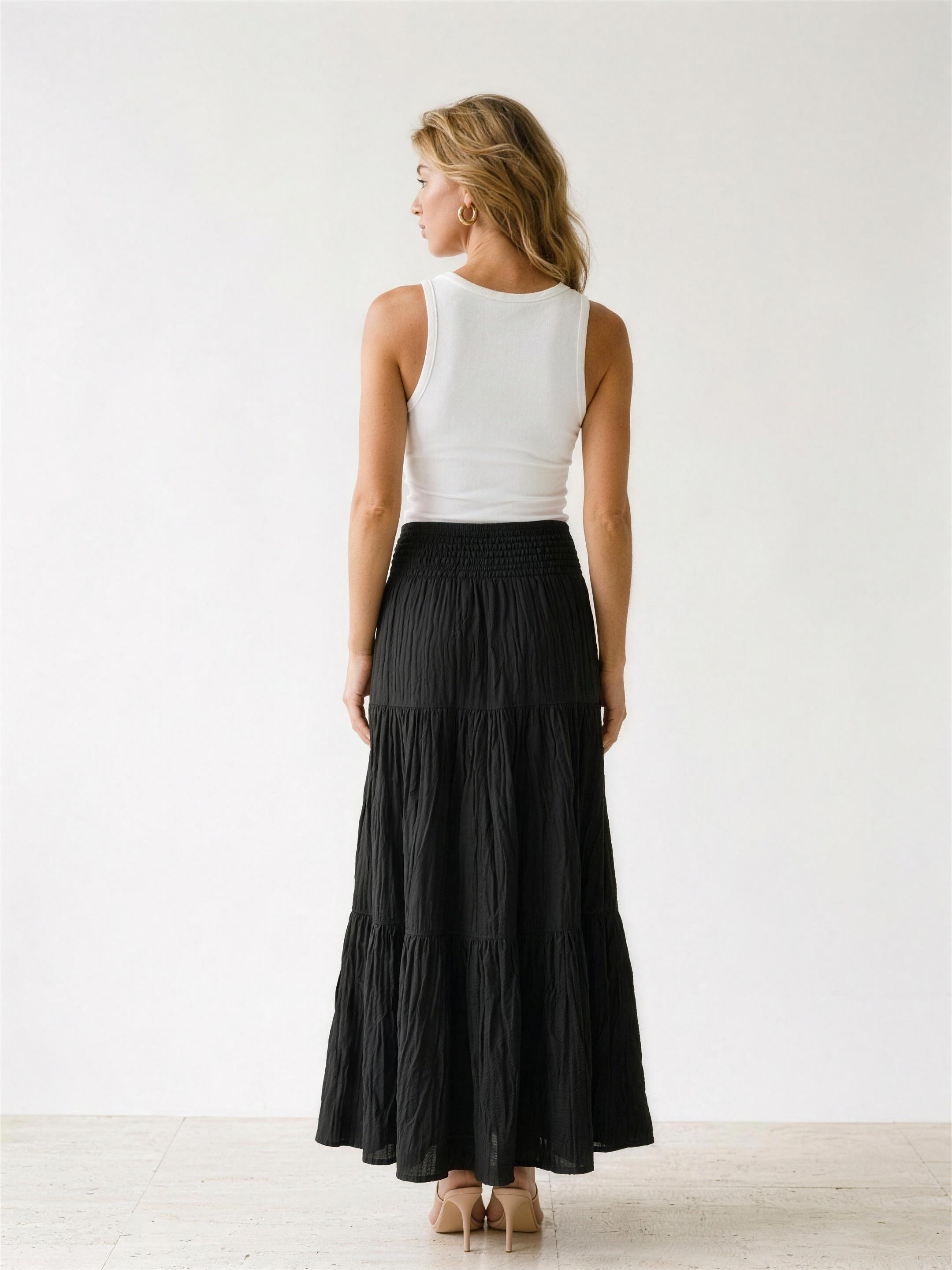 Amalfi Tiered Maxi Skirt, back view on model