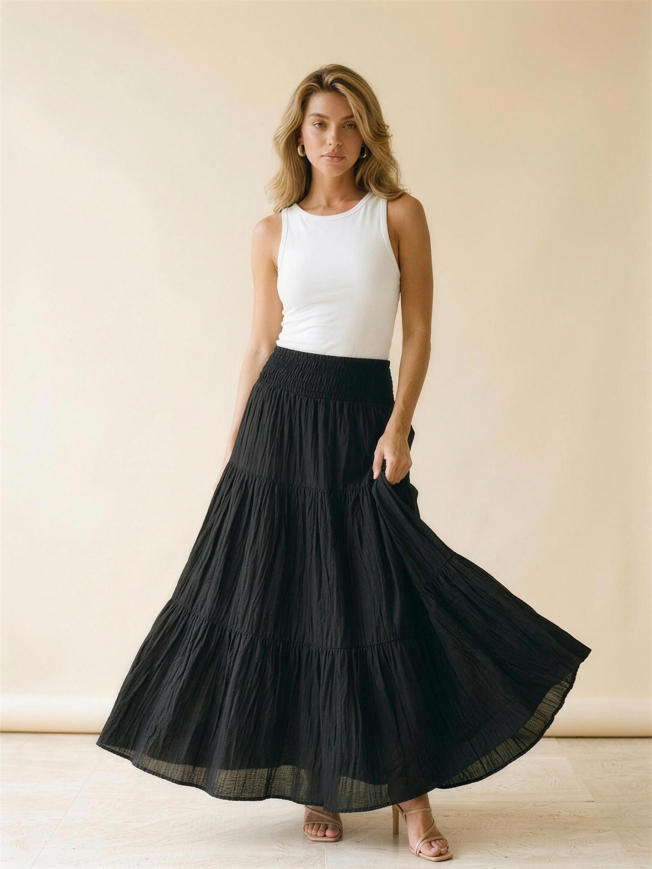 Amalfi Tiered Maxi Skirt, front view on model