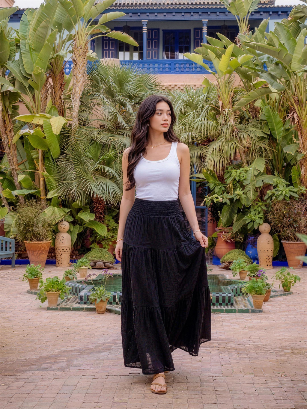 Amalfi Tiered Maxi Skirt, styled lifestyle look