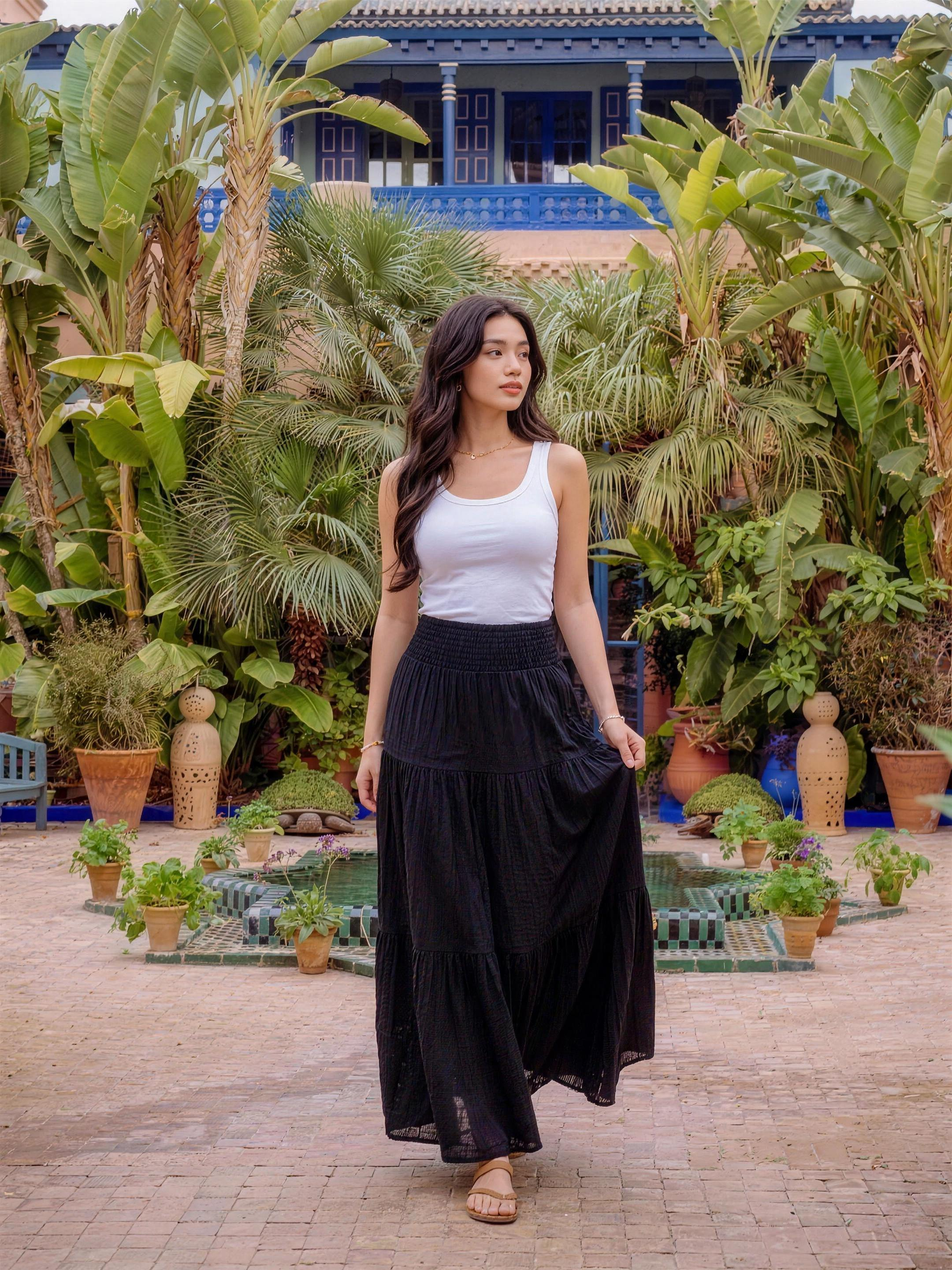 Amalfi Tiered Maxi Skirt, styled lifestyle look