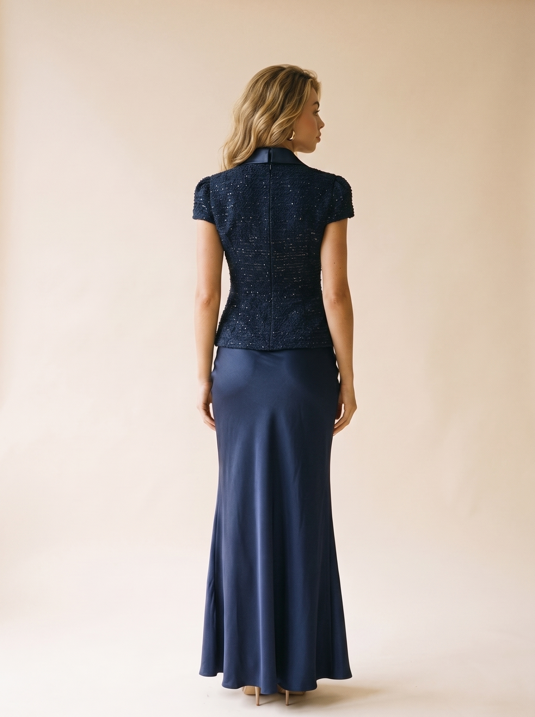 Allegra Tweed Jacket and Satin Skirt Set, back view on model