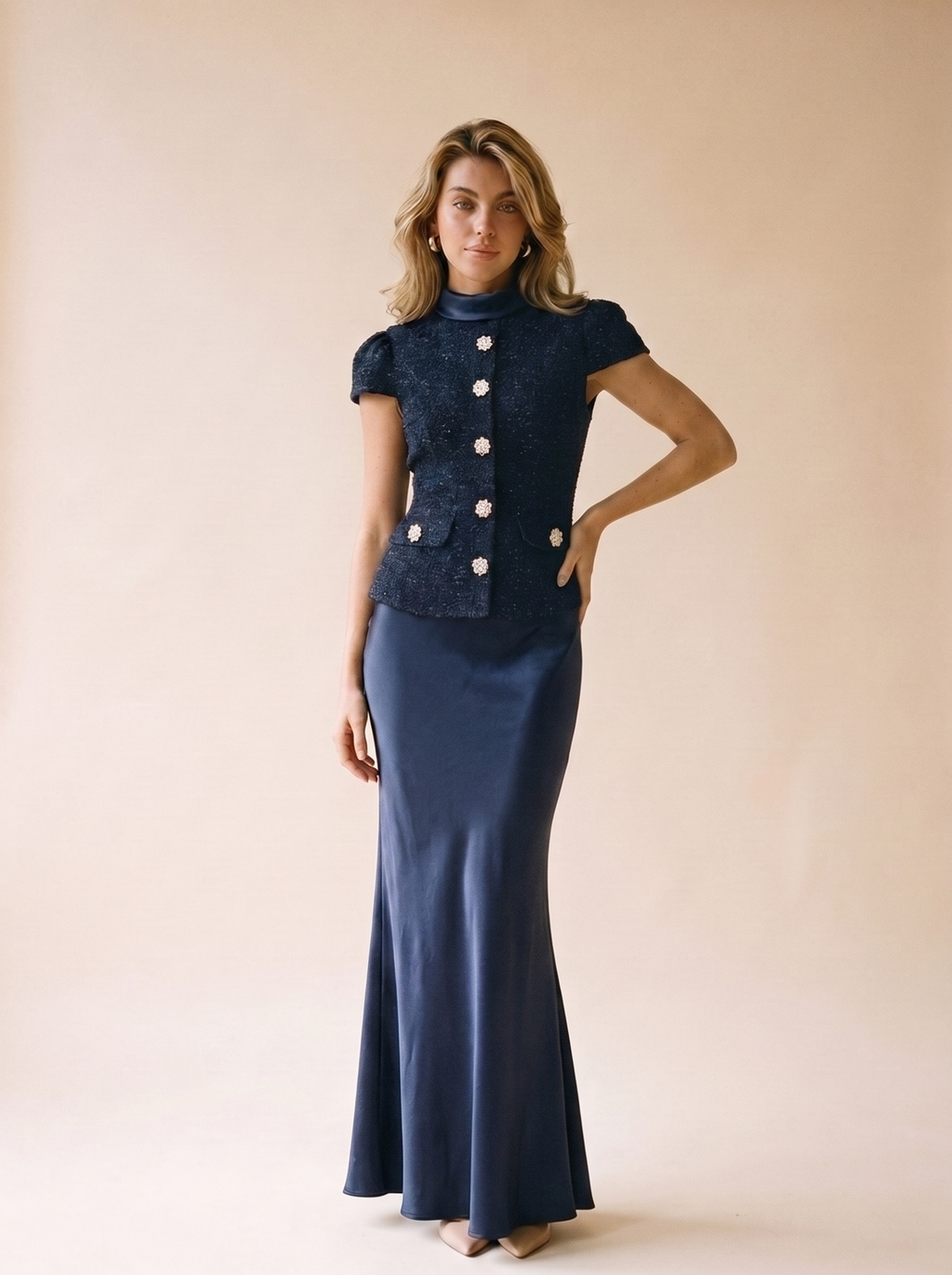 Allegra Tweed Jacket and Satin Skirt Set, front view on model