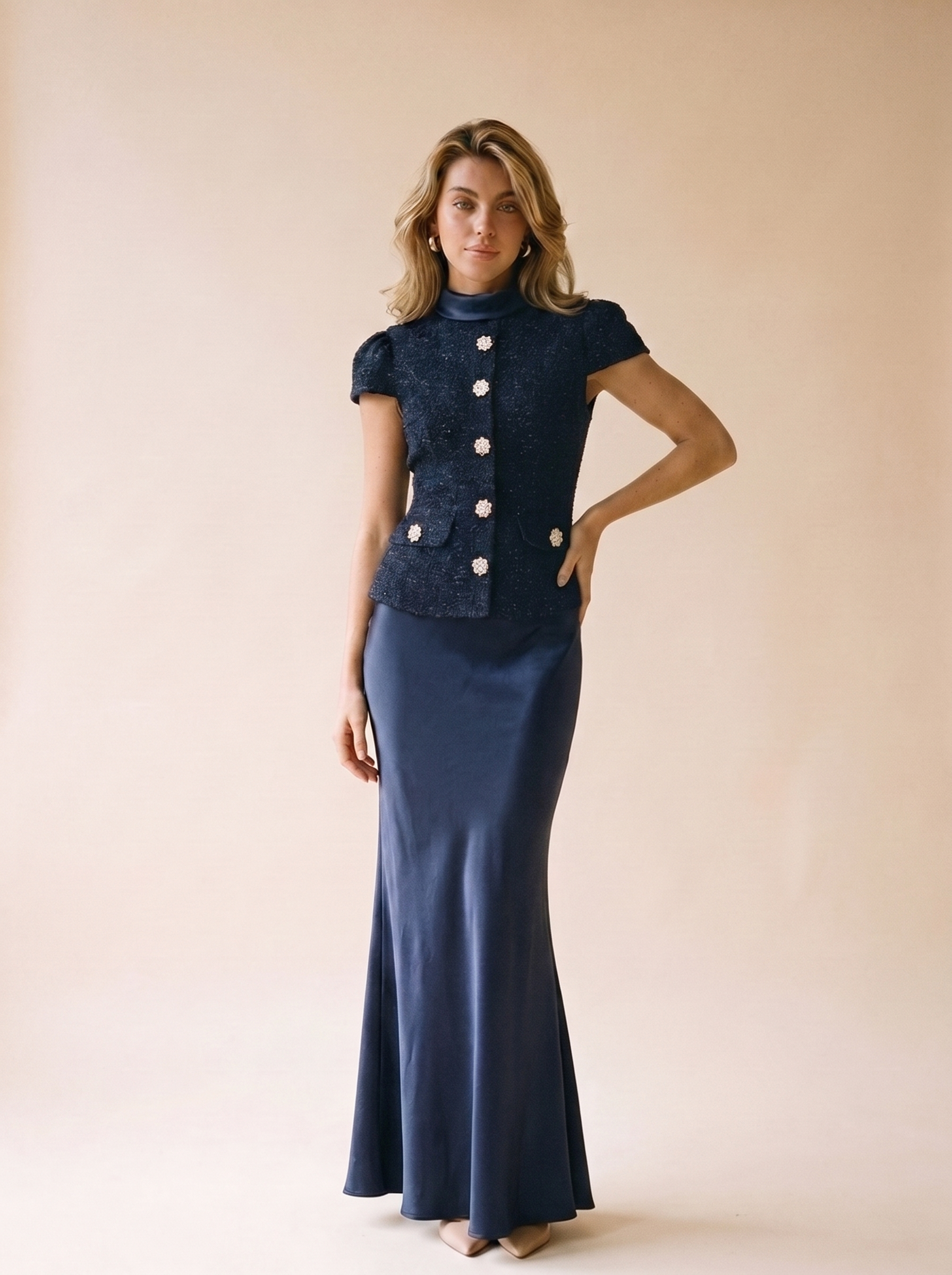 Allegra Tweed Jacket and Satin Skirt Set, front view on model