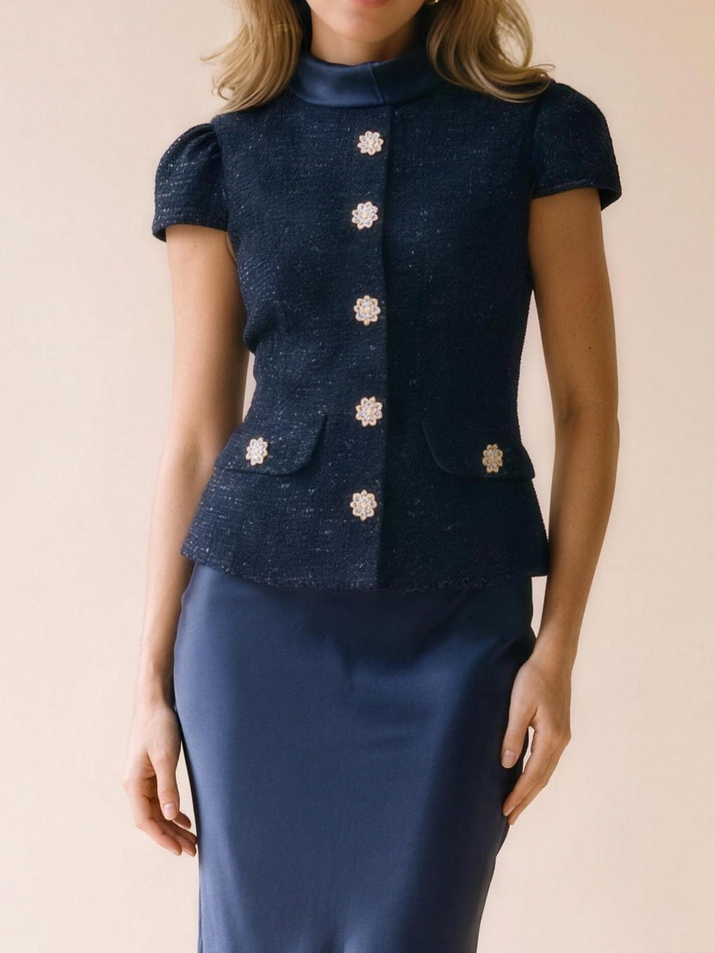 Allegra Tweed Jacket and Satin Skirt Set, fabric detail close-up