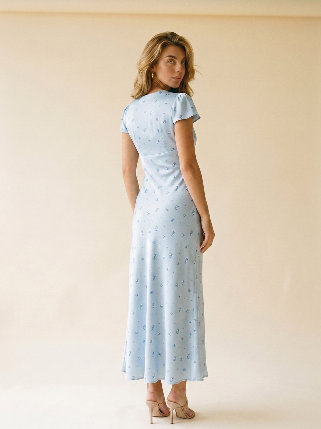 Alghero — V-Neck Cap Sleeve Maxi Dress, back view, glancing over shoulder