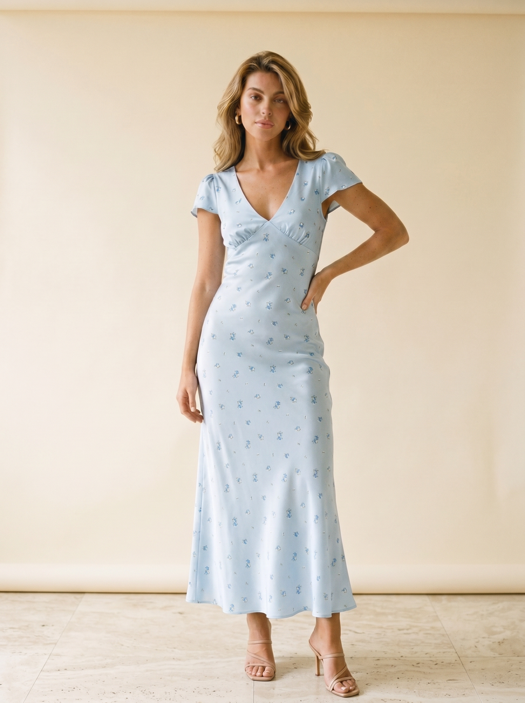 Alghero — V-Neck Cap Sleeve Maxi Dress, front view, hand on hip