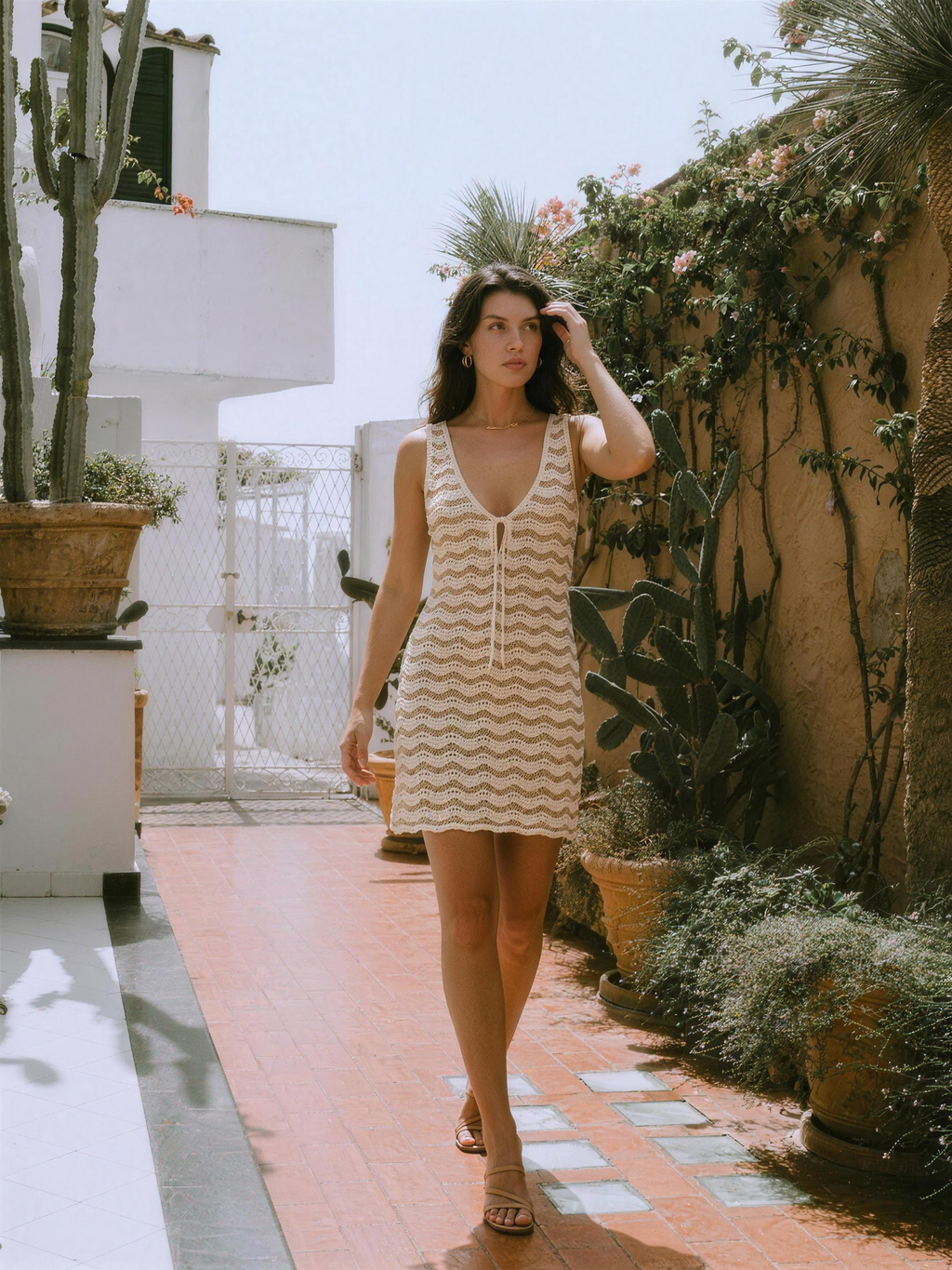 Bellagio V-Neck Crochet Knit Mini Dress with Tie Front, styled lifestyle look