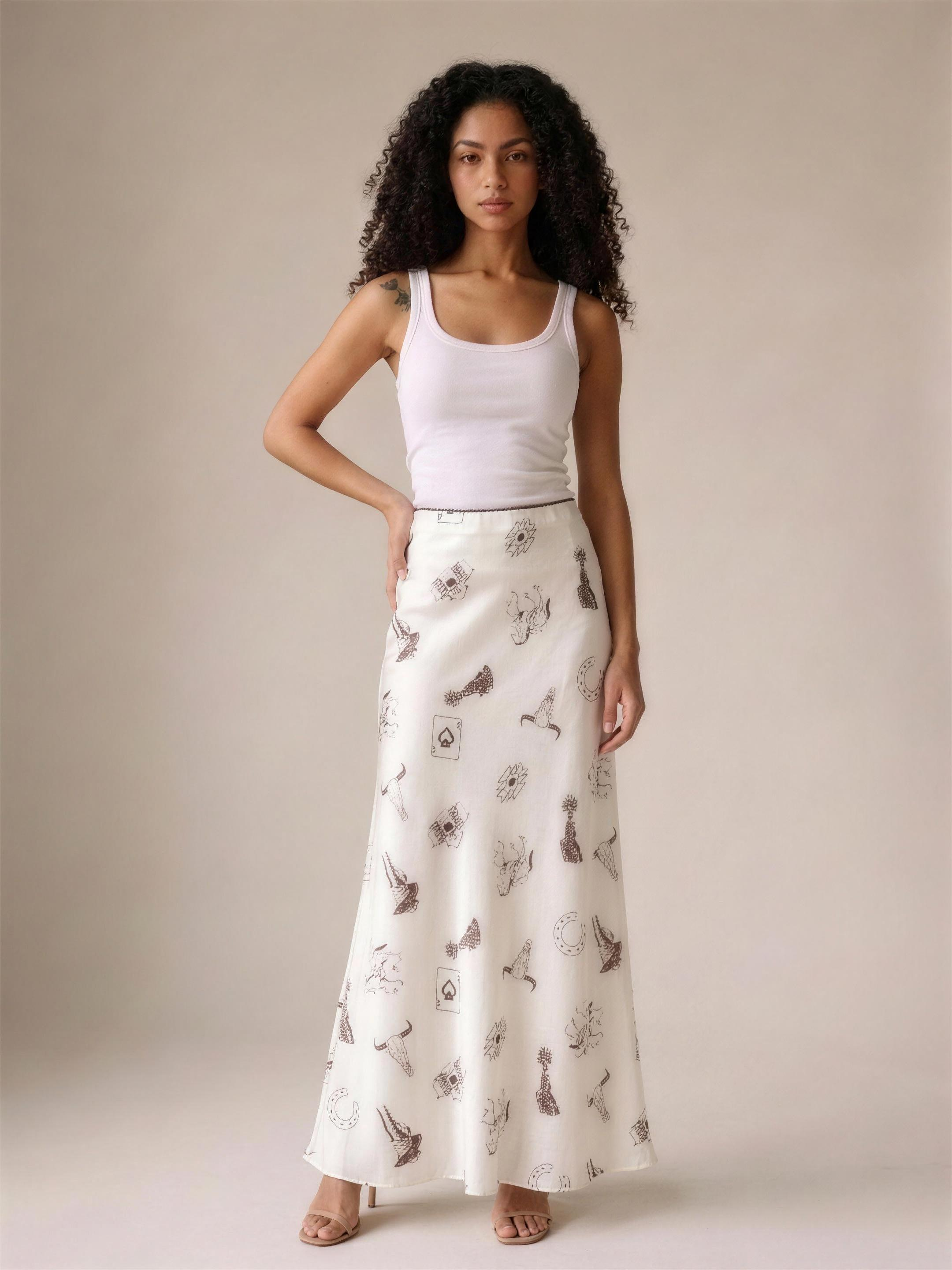 Juliette — Western Print Satin Long Skirt, view