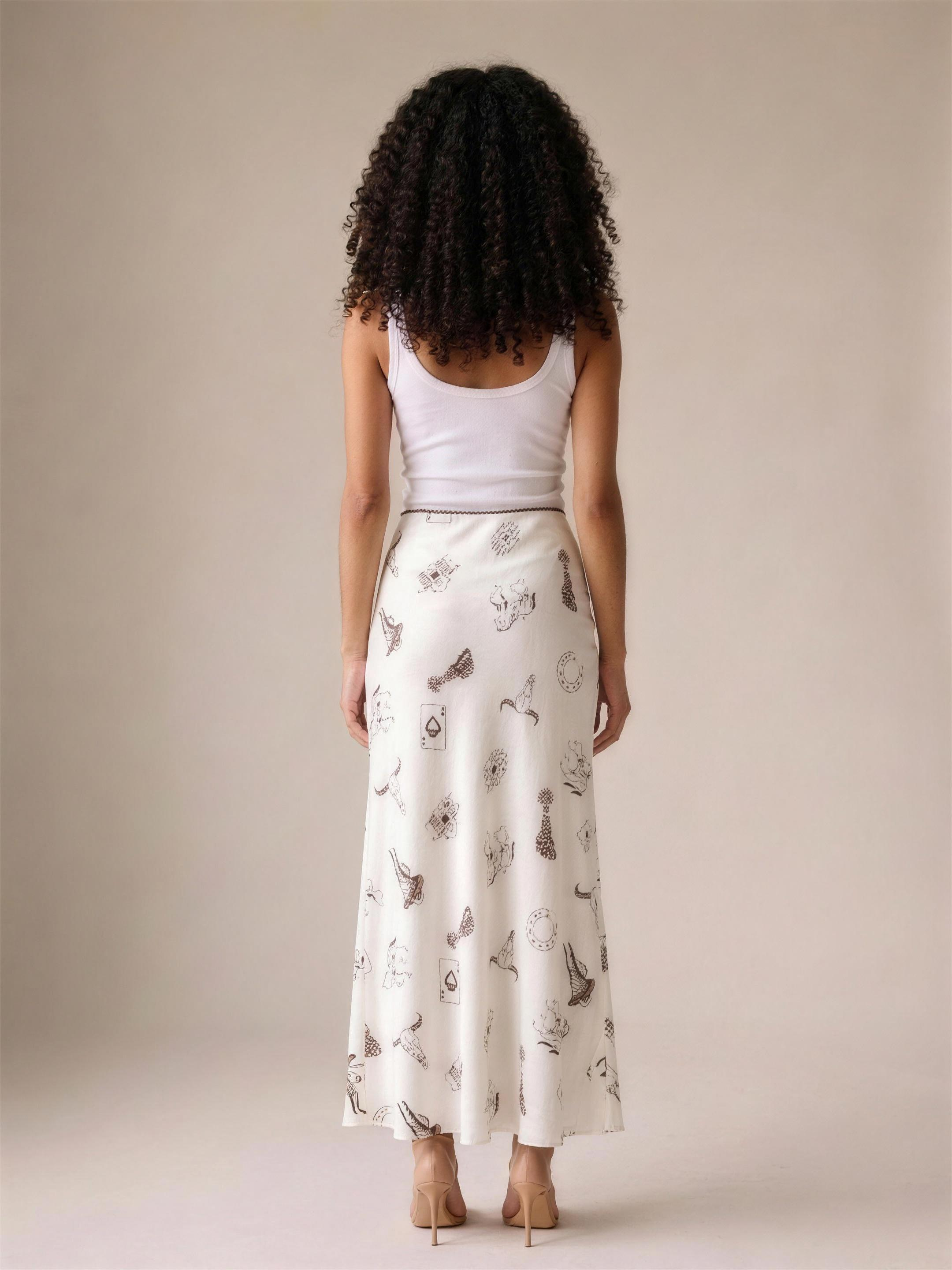 Juliette — Western Print Satin Long Skirt, back view
