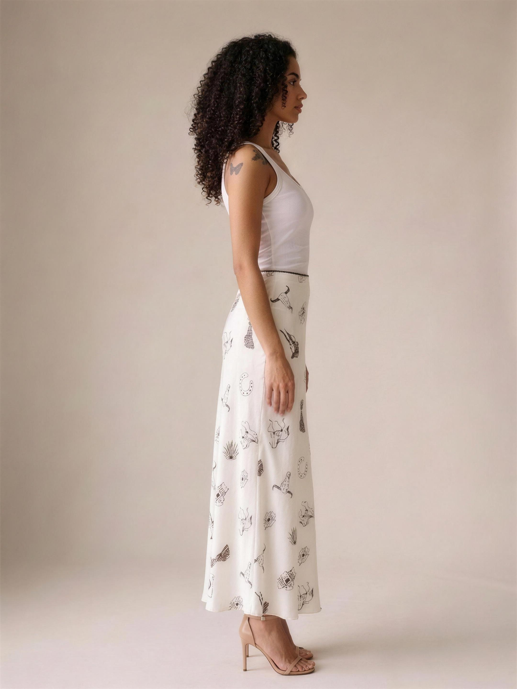 Juliette — Western Print Satin Long Skirt, side view